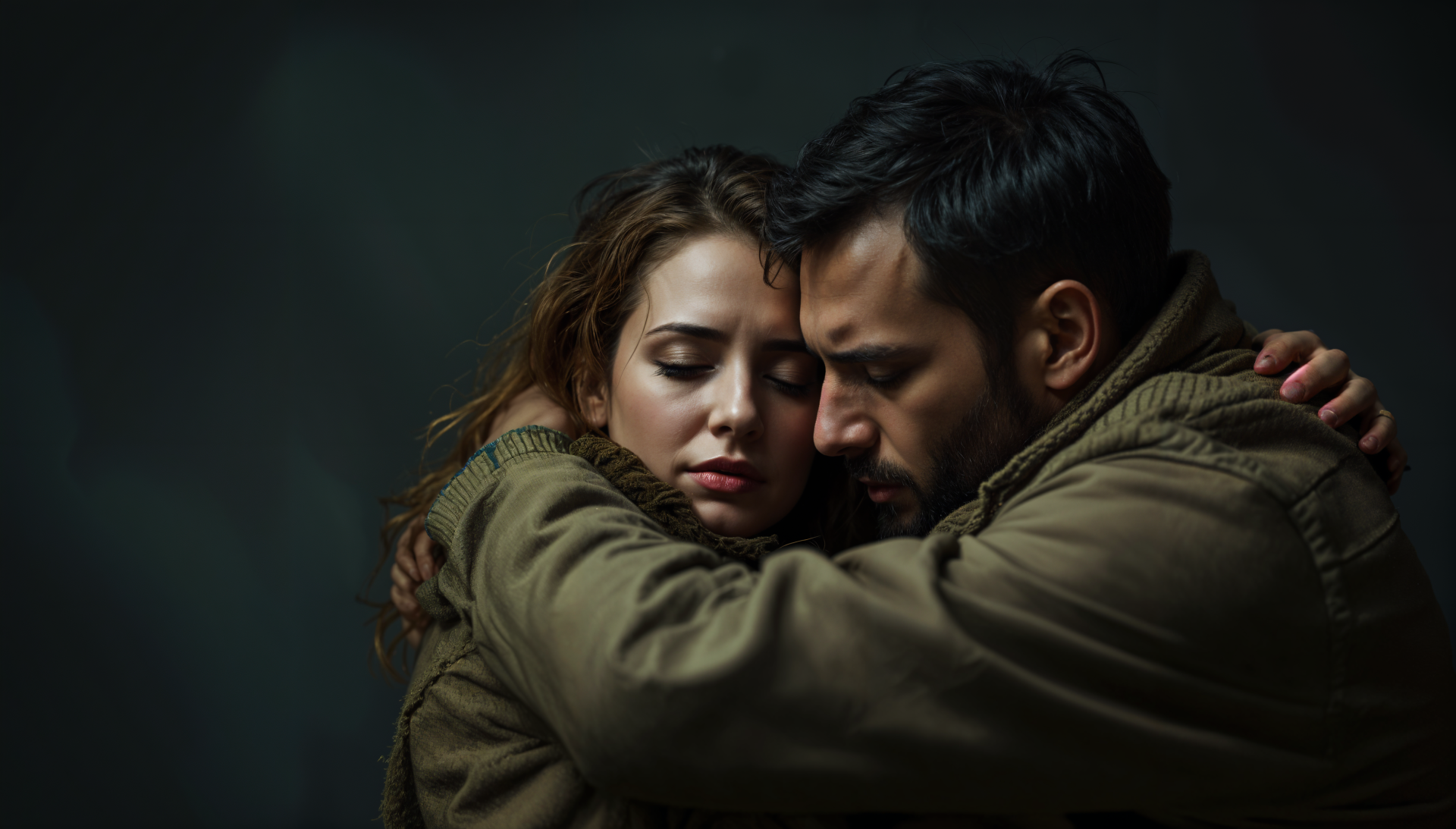 A touching embrace between two people, conveying emotion and connection, set against a dark background. This image serves as a 4K Ultra HD desktop wallpaper and background.