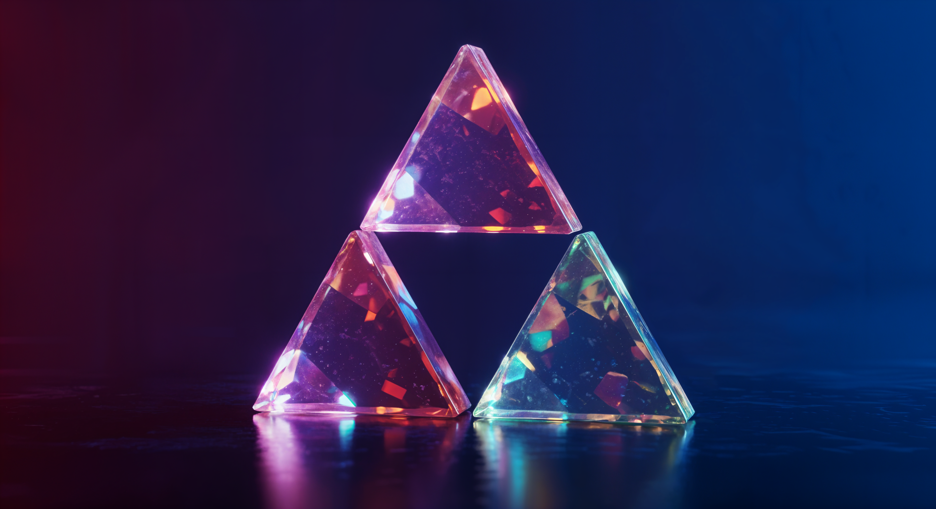 A vibrant 4K Ultra HD desktop wallpaper featuring a visually striking triforce design composed of three illuminated, overlapping triangular shapes.