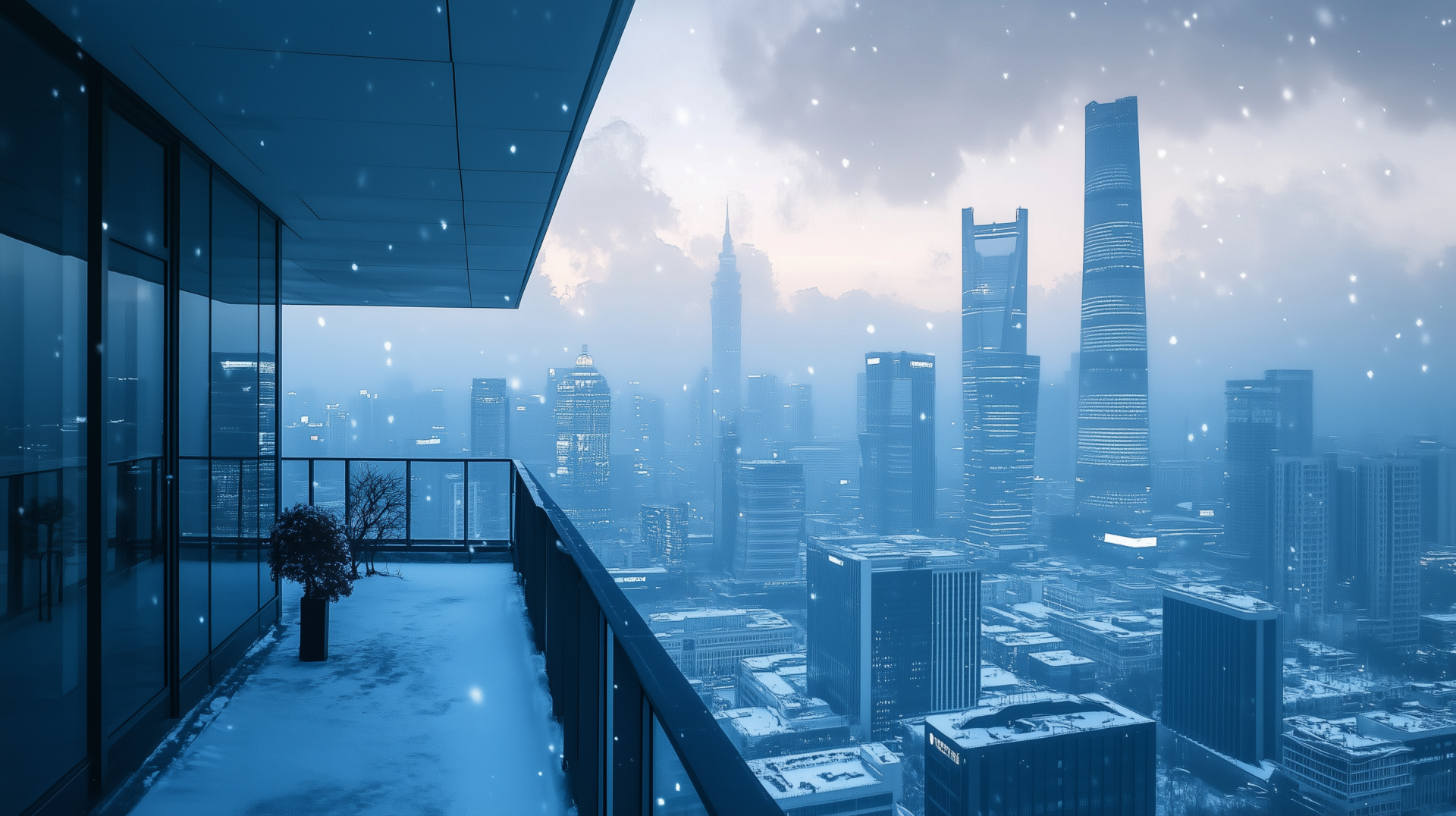 A snowy cityscape viewed from a balcony, showcasing winter in an urban setting with tall skyscrapers and soft snowfall, creating a serene and picturesque atmosphere.