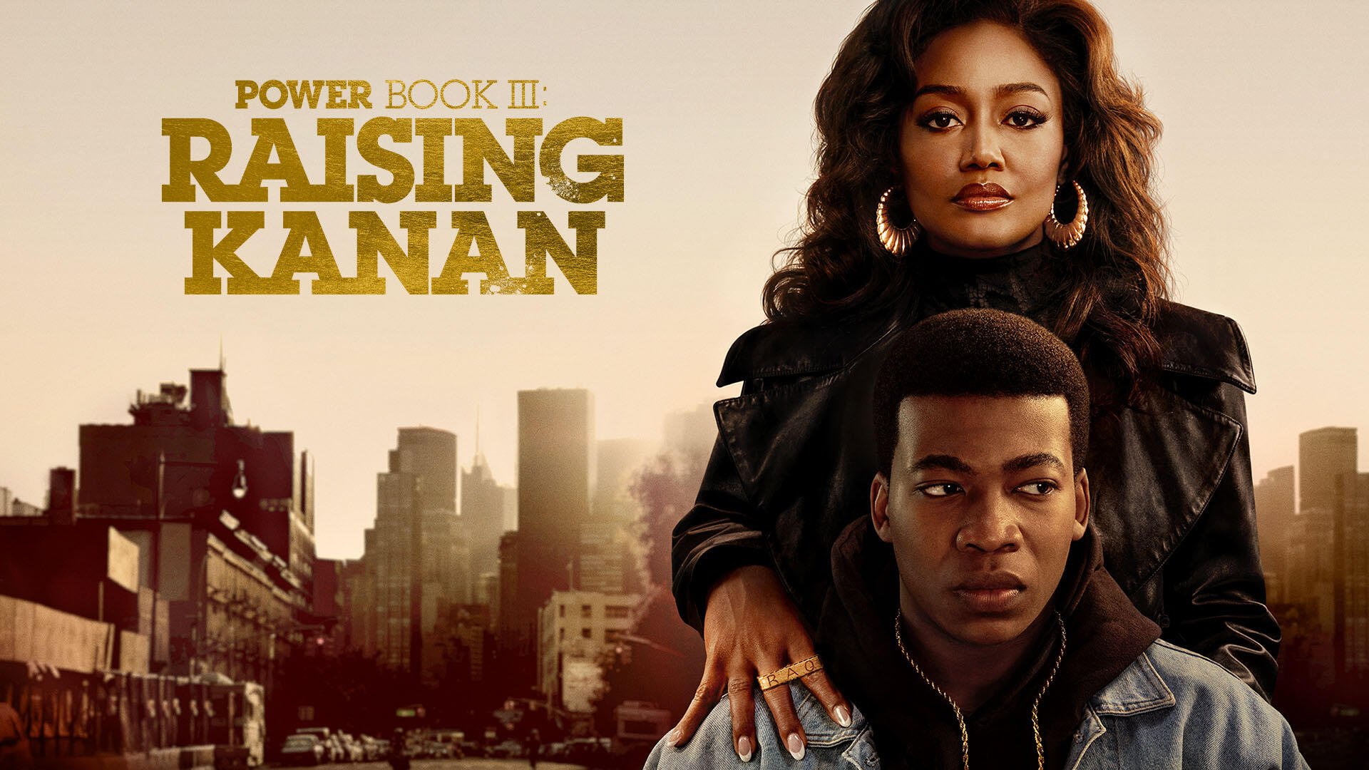 A dramatic HD wallpaper featuring characters from the TV show Power Book III: Raising Kanan, set against a city skyline backdrop, capturing the essence of the series.