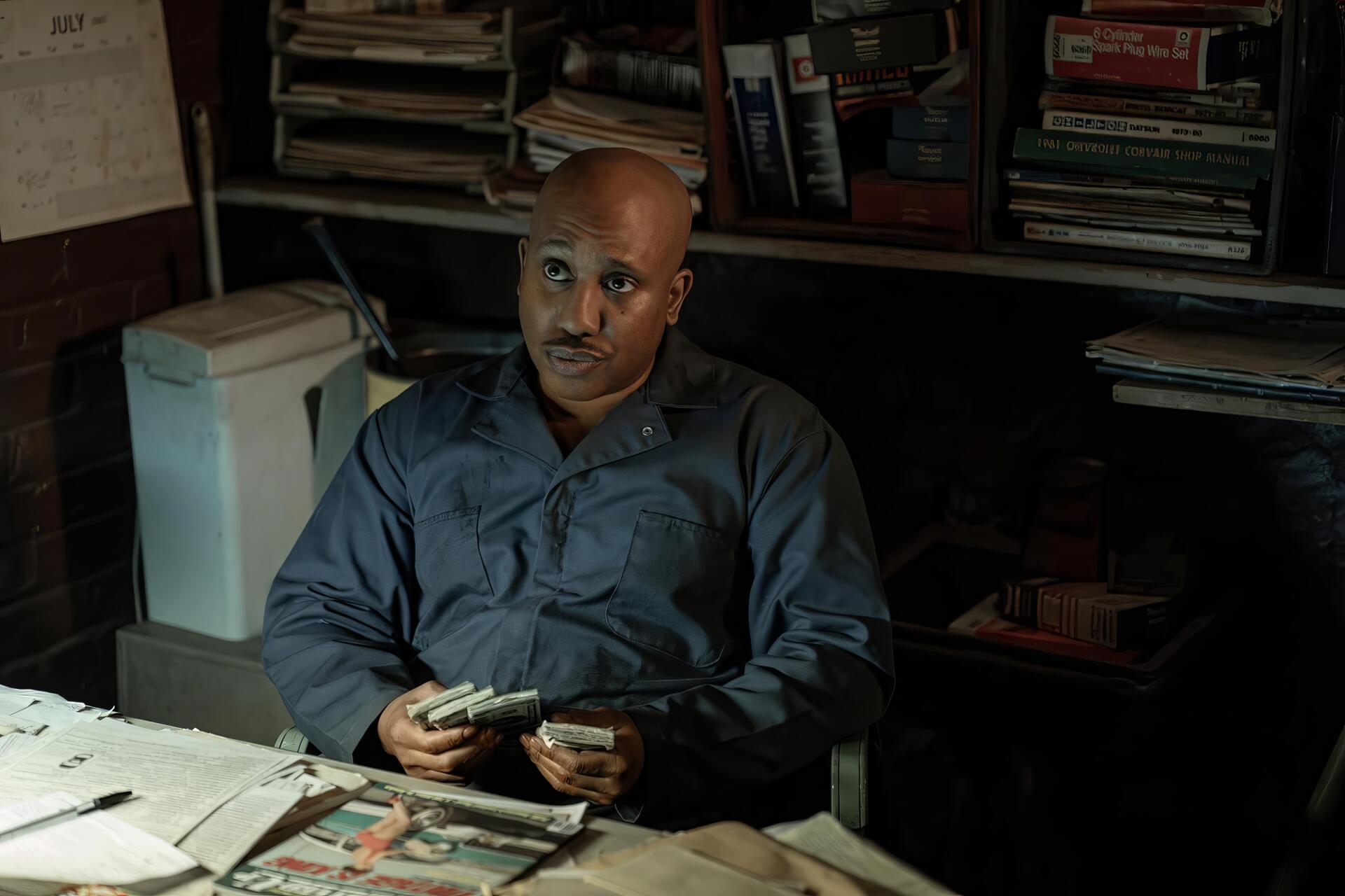 A scene from Power Book III: Raising Kanan, featuring a character seated at a cluttered desk, holding cash, with shadows highlighting the tension of the moment.