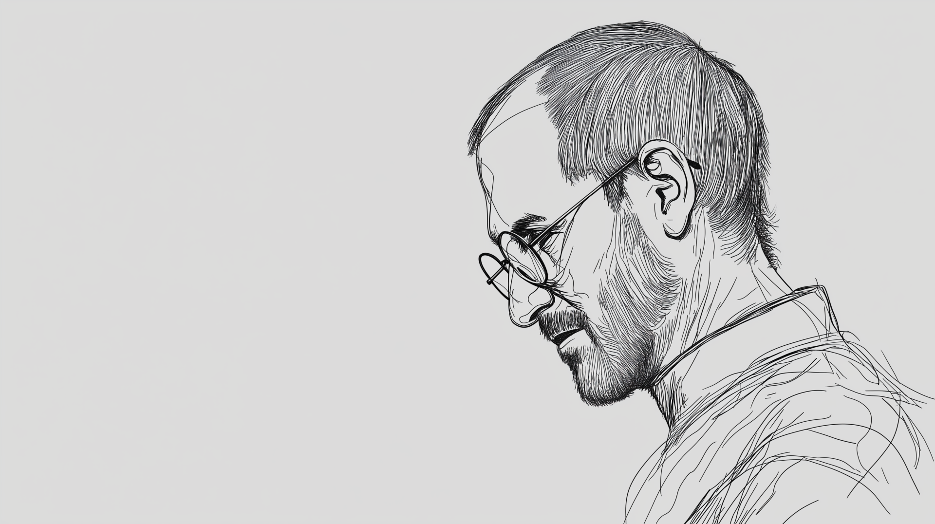 Line art depiction of Steve Jobs, showcasing a thoughtful profile against a light background, designed as a high-definition PC desktop wallpaper and background.