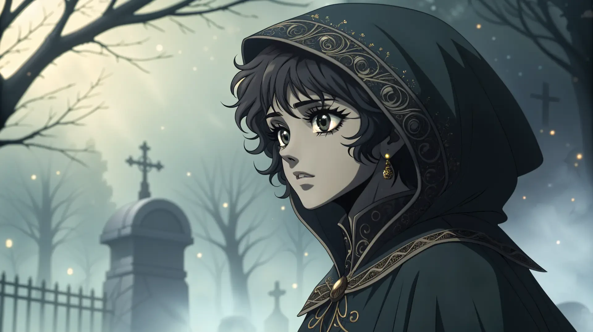 A dark-haired anime character in a hooded cloak stands thoughtfully in a misty graveyard, surrounded by shadowy trees and tombstones, capturing a haunting atmosphere in 4K Ultra HD.