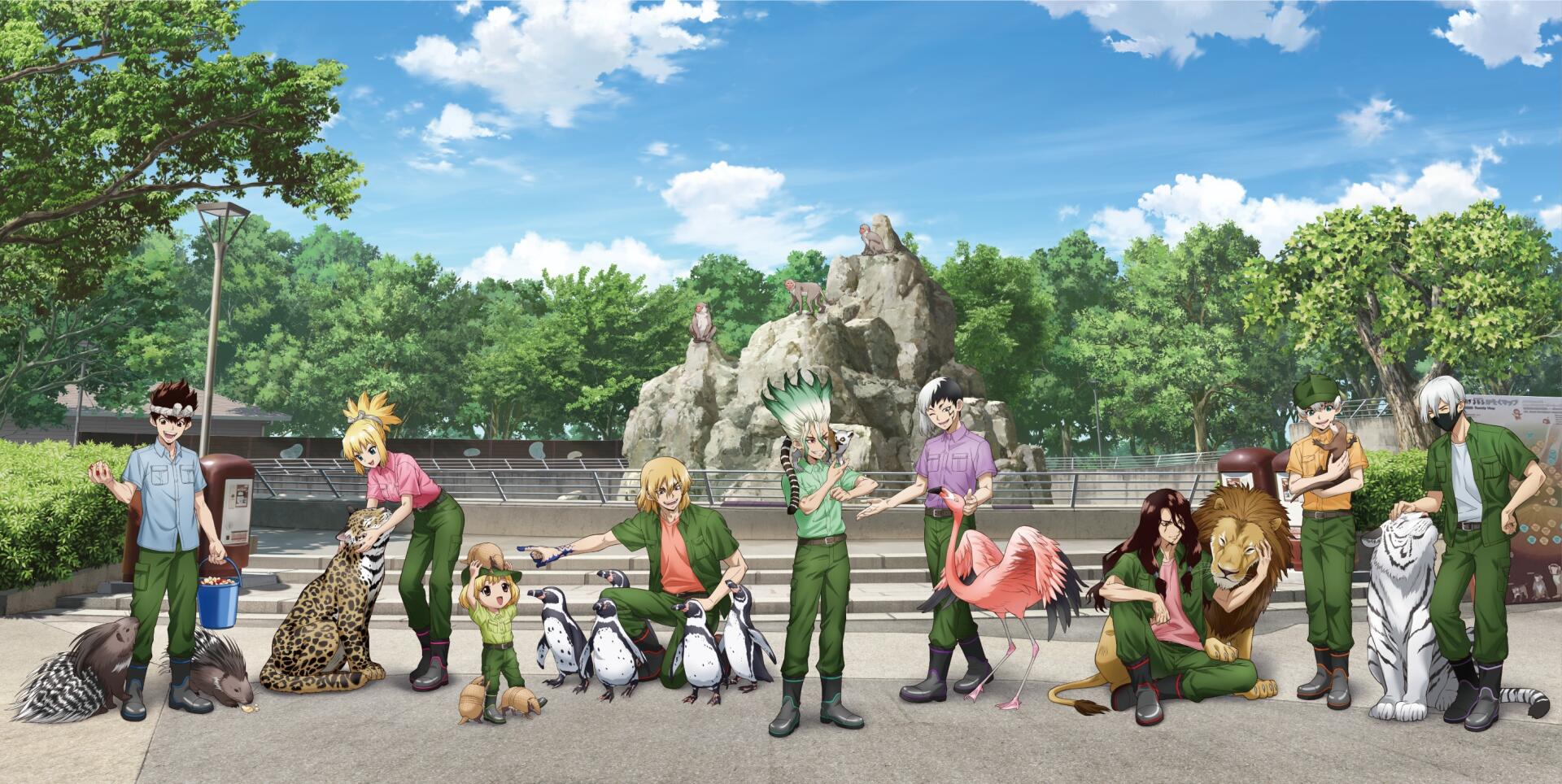 HD PC desktop wallpaper of Dr. Stone anime cast in green uniforms posing with animals on a sunny track field — Senku centered among penguins, cheetah and friends.