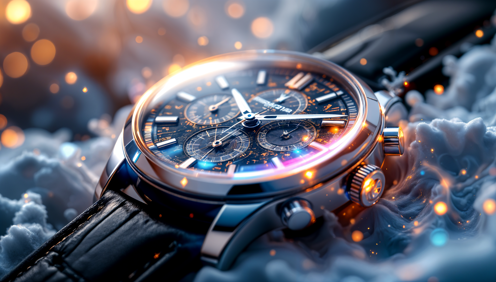 A close-up of a luxurious watch with a black leather strap, set against a soft, dreamy background filled with shimmering lights, presented as a 4K Ultra HD desktop wallpaper.