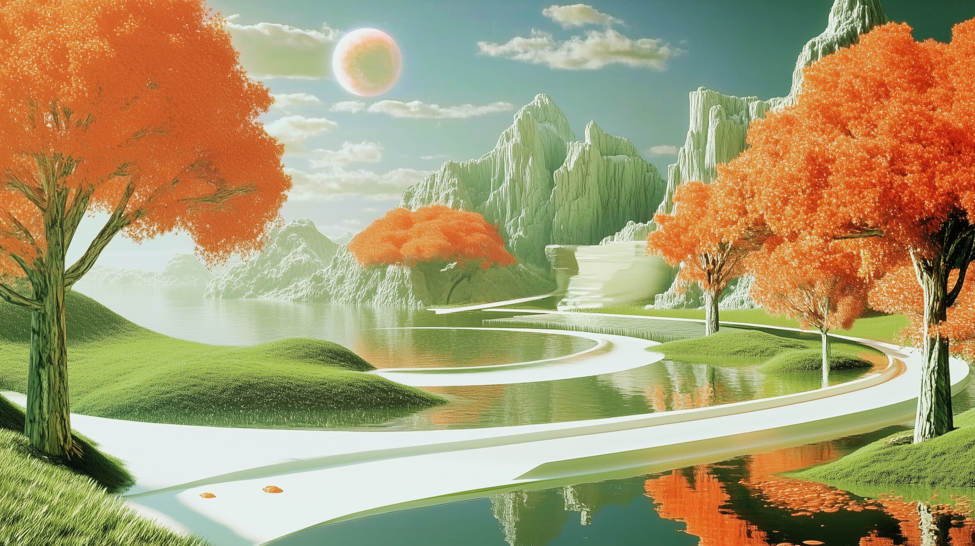 A calm, futuristic fantasy landscape with vibrant orange trees, winding white pathways, serene water, and distant mountains under a soft sky, captured in HD for a PC wallpaper.