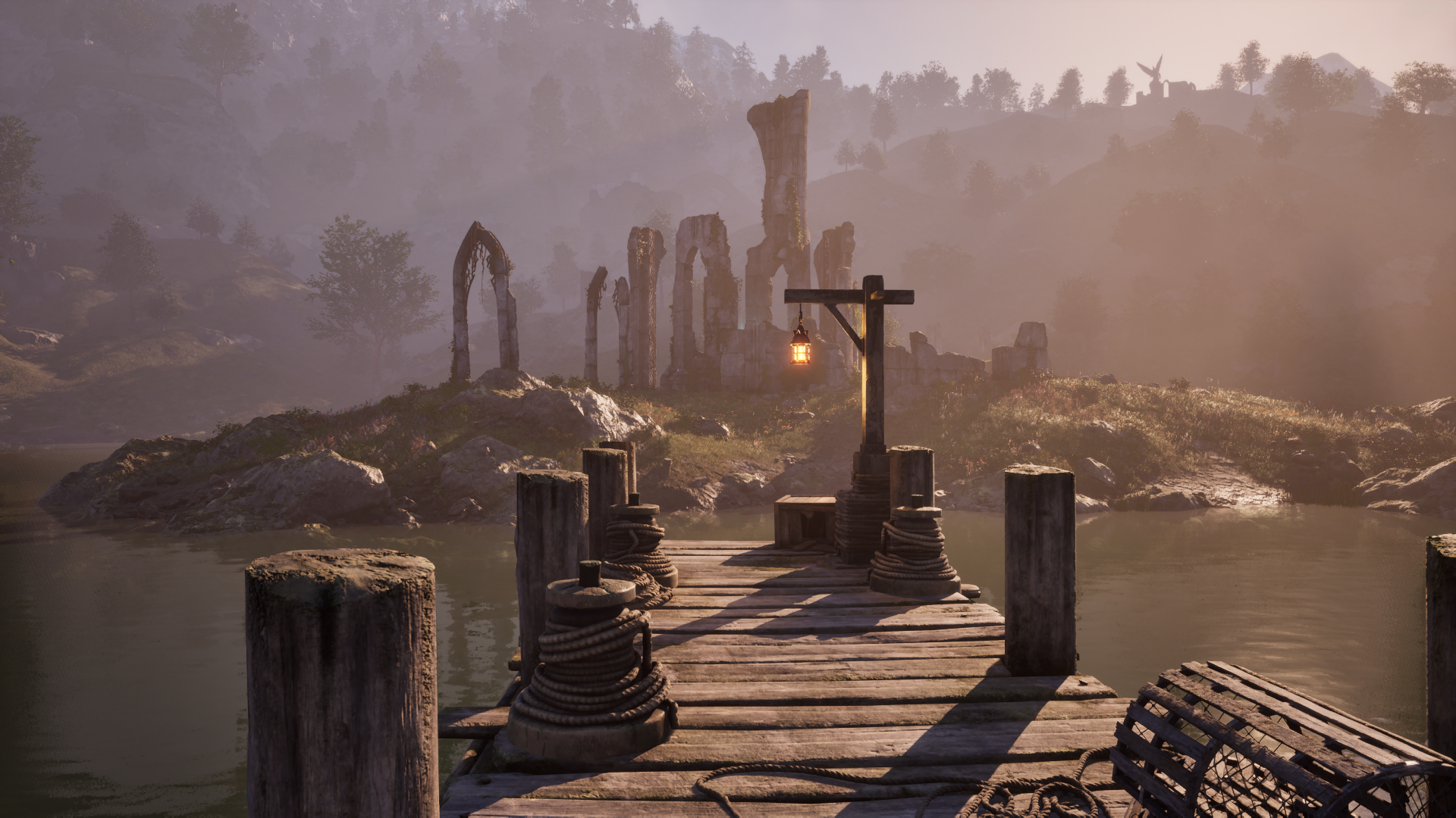 HD PC desktop wallpaper of a dock scene from the video game The Elder Scrolls IV: Oblivion, featuring weathered wood and misty, ancient ruins in the distance.
