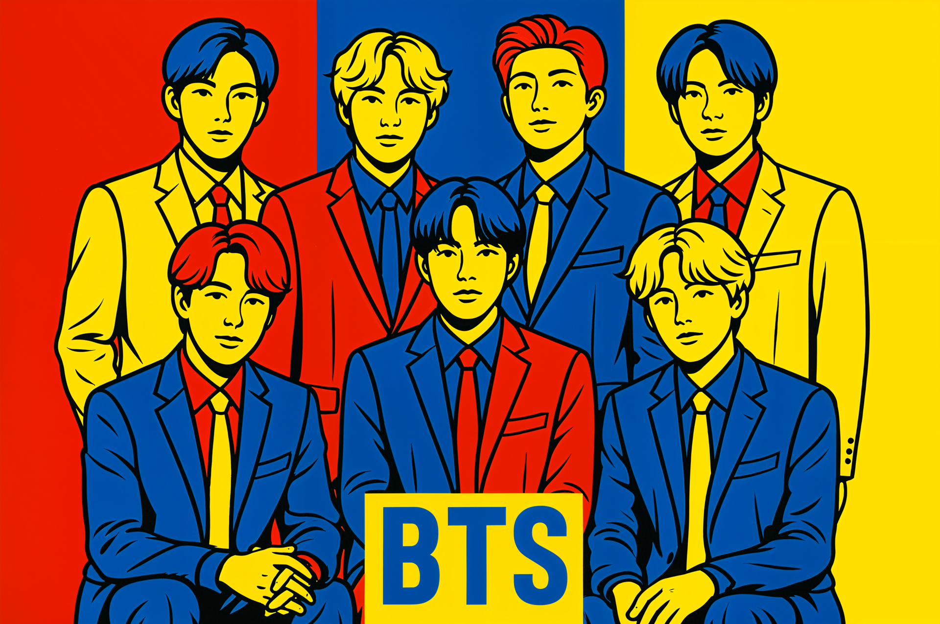 Illustrated portrait of BTS members in vibrant red, yellow, and blue tones, designed as a 4K Ultra HD PC desktop wallpaper and background.