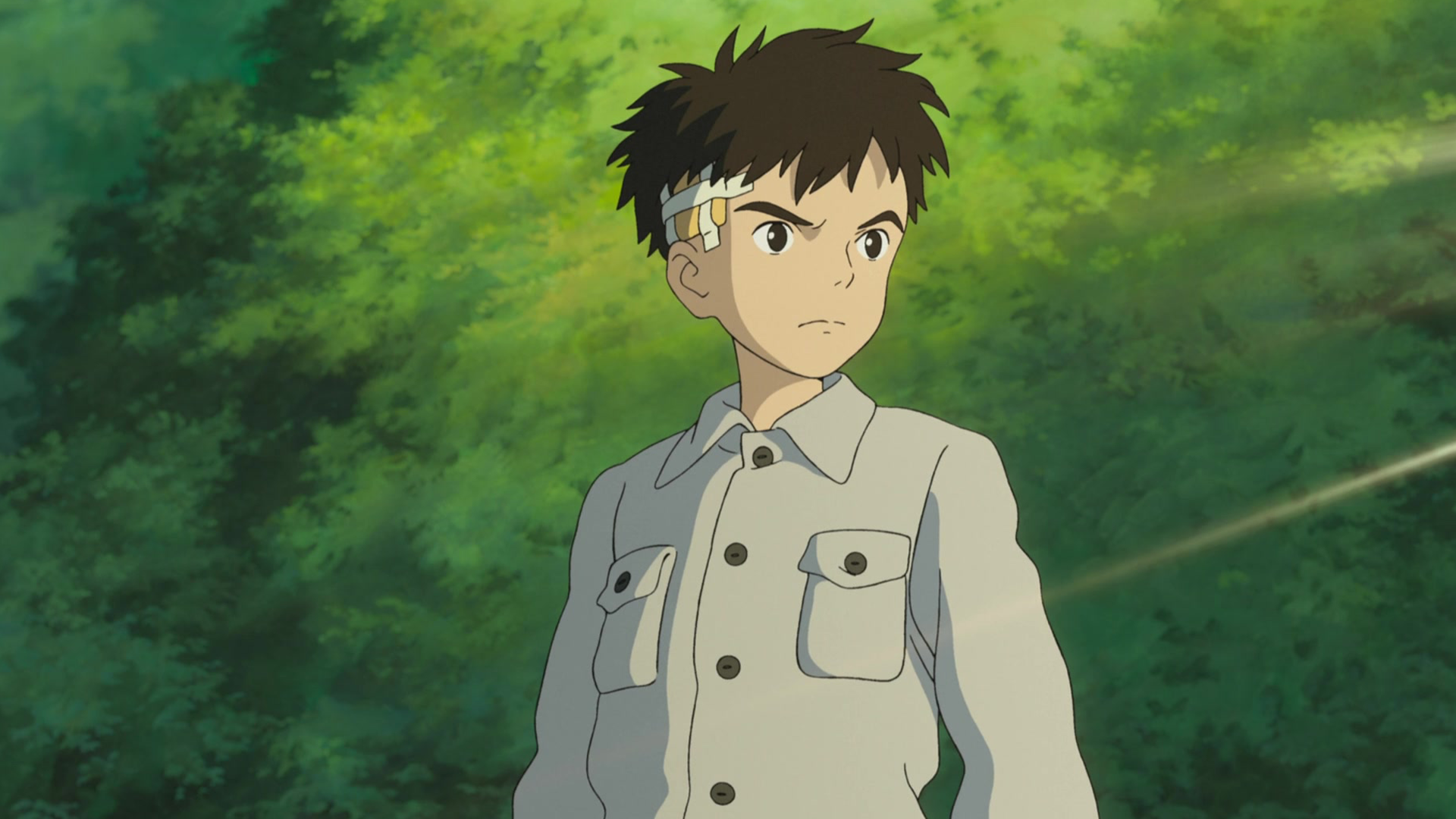 HD anime desktop wallpaper from The Boy and the Heron featuring a determined young boy standing against a lush green forest backdrop.
