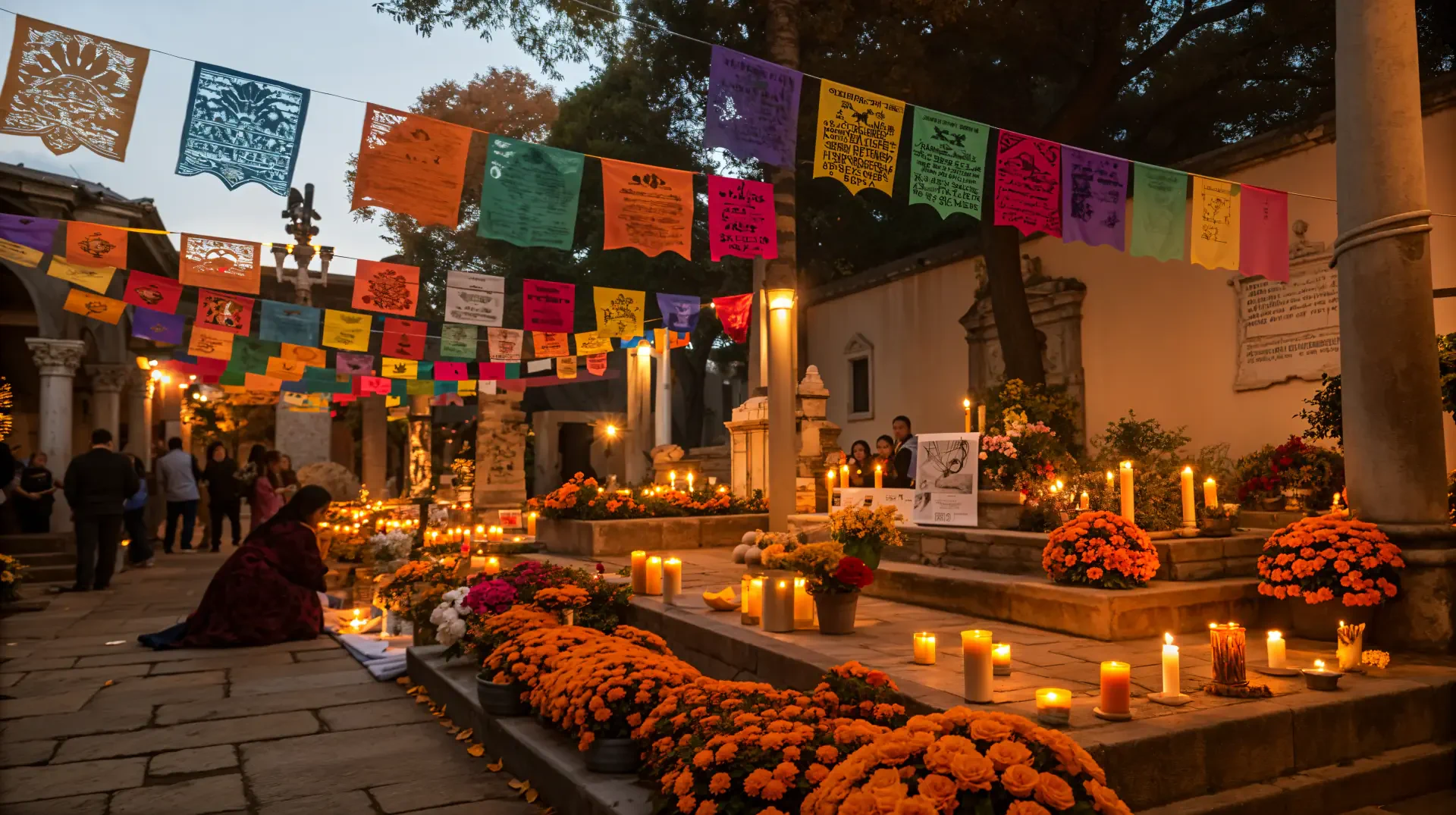 Vibrant Day of the Dead altar with marigolds, candles, and colorful papel picado banners, captured in stunning 4K Ultra HD for a PC desktop wallpaper.