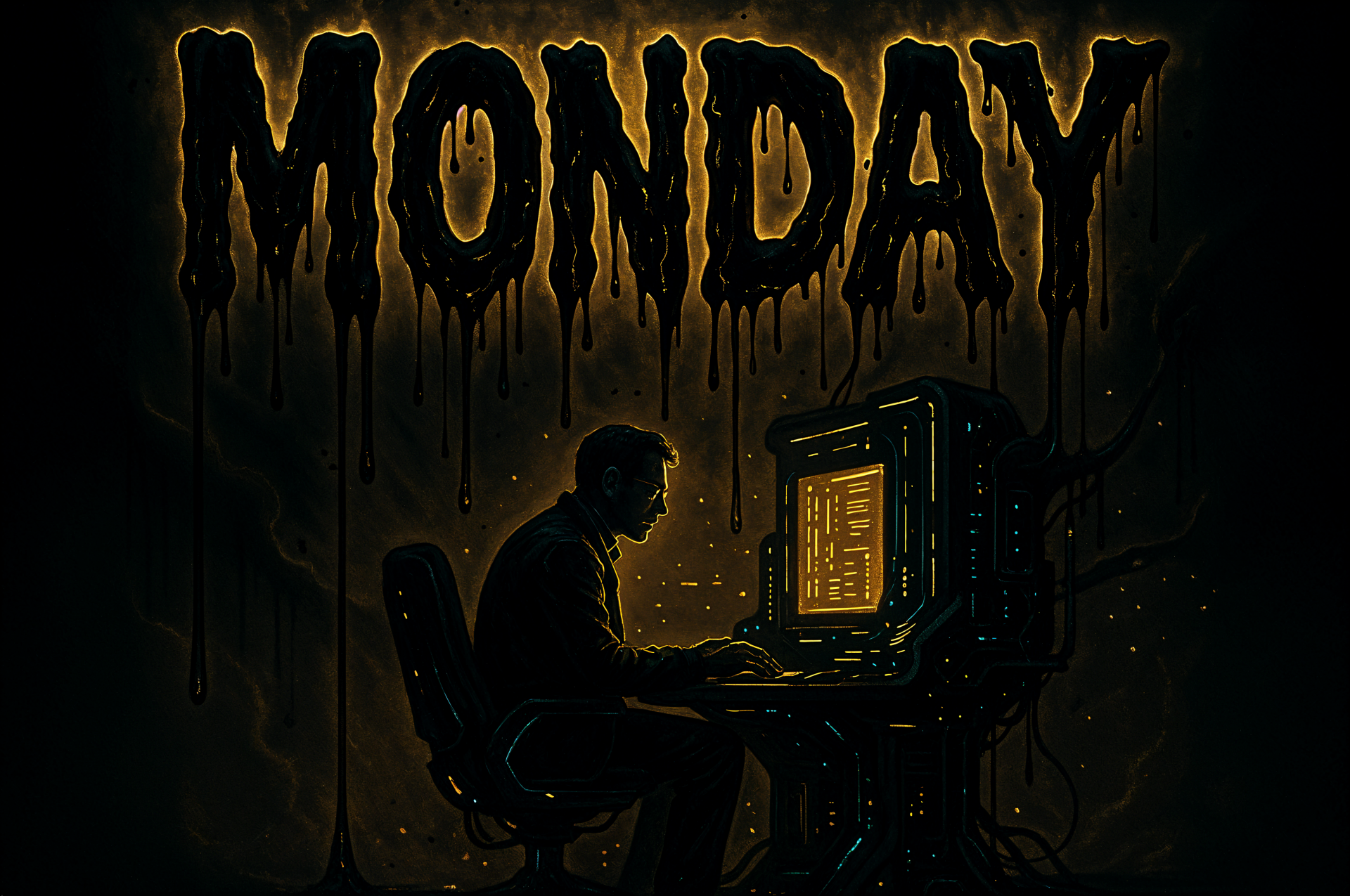 4K Ultra HD wallpaper of a programmer working late at a dimly lit desk, with the word MONDAY dripping ominously above, representing the 9 to 5 job grind.