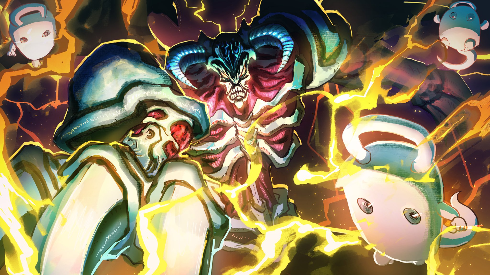 HD PC desktop wallpaper featuring anime characters White Duston and Summoned Skull from Yu-Gi-Oh!, surrounded by dynamic lightning and vibrant energy effects.
