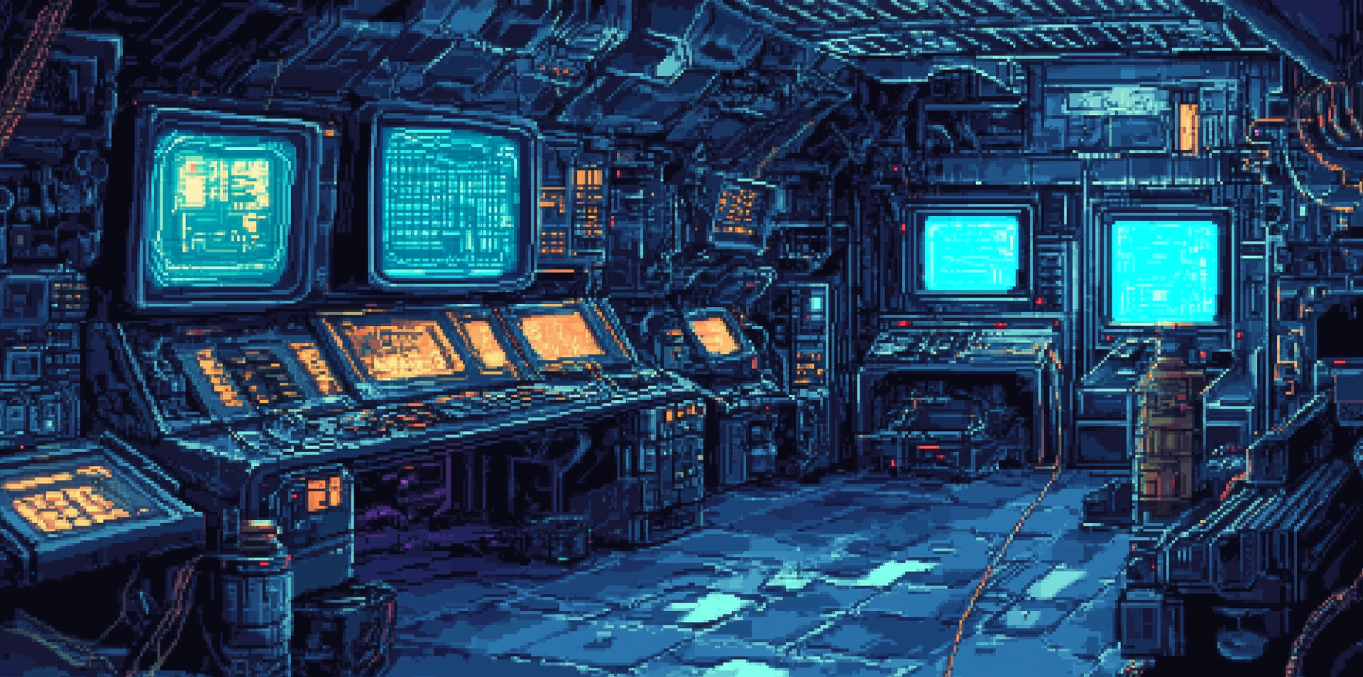 HD pixel art of a futuristic blue cyberpunk base, featuring glowing monitors and detailed tech panels in a dimly lit control room setting.