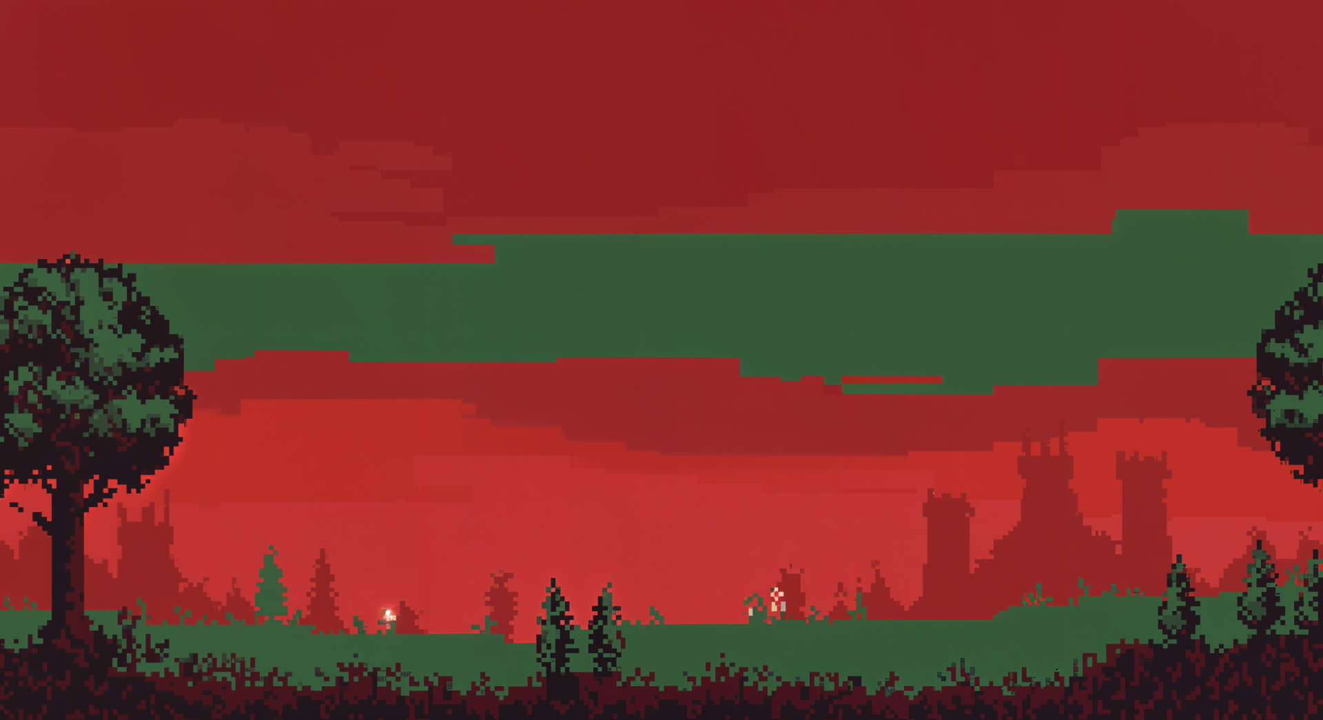8-bit style 4K Ultra HD desktop wallpaper featuring a pixelated landscape with a red sky and green ground, accented by dark silhouetted trees and structures.