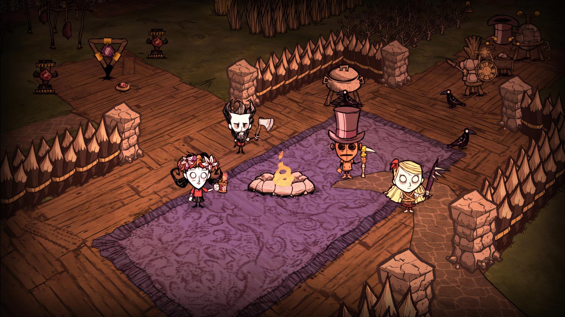 HD desktop wallpaper from the video game Don't Starve Together showing four characters around a campfire inside a fenced, wooden area with a purple rug.
