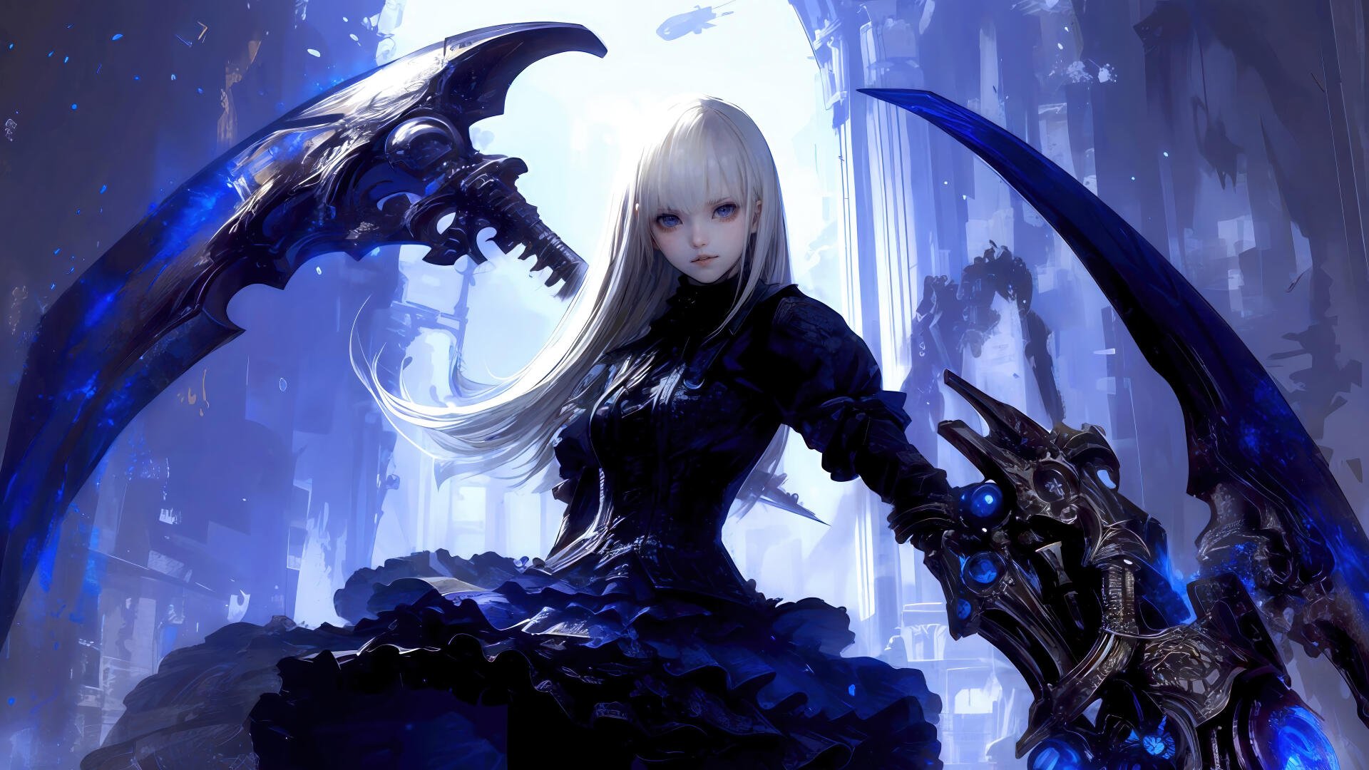 A 4K Ultra HD fantasy anime girl with long blonde hair, wielding a large scythe, set against a mystical blue-toned background for PC desktop wallpaper.
