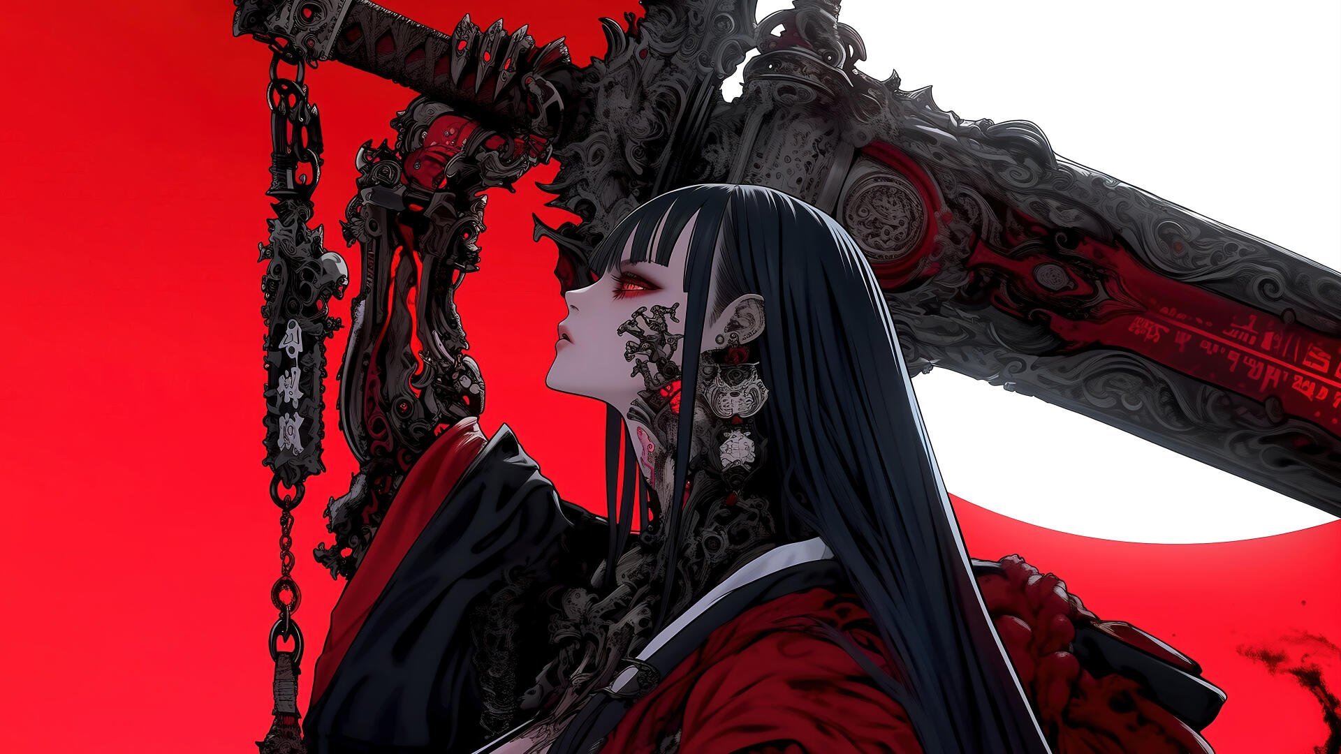4K Ultra HD anime wallpaper featuring a dark-haired anime girl wielding a large sword against a bold red background.