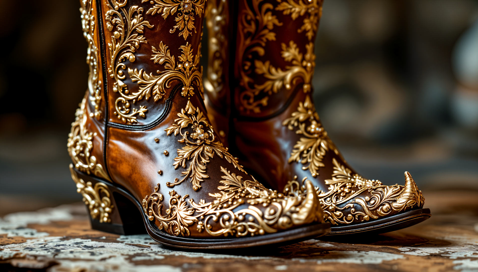A close-up of ornate cowboy boots with intricate gold detailing, presented in sharp 4K Ultra HD as a PC desktop wallpaper and background.