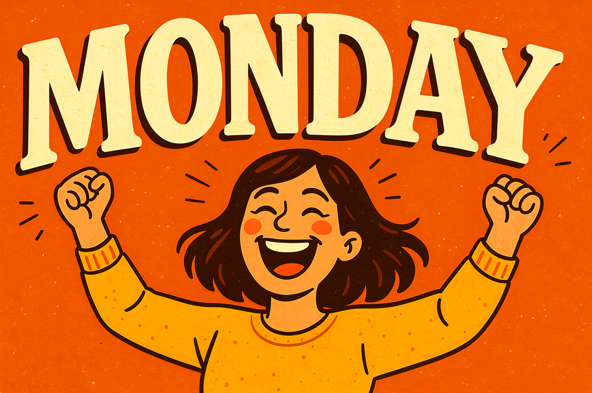 A joyful woman with raised fists celebrates Monday, set against a vibrant orange background in a 4K Ultra HD PC desktop wallpaper and background.