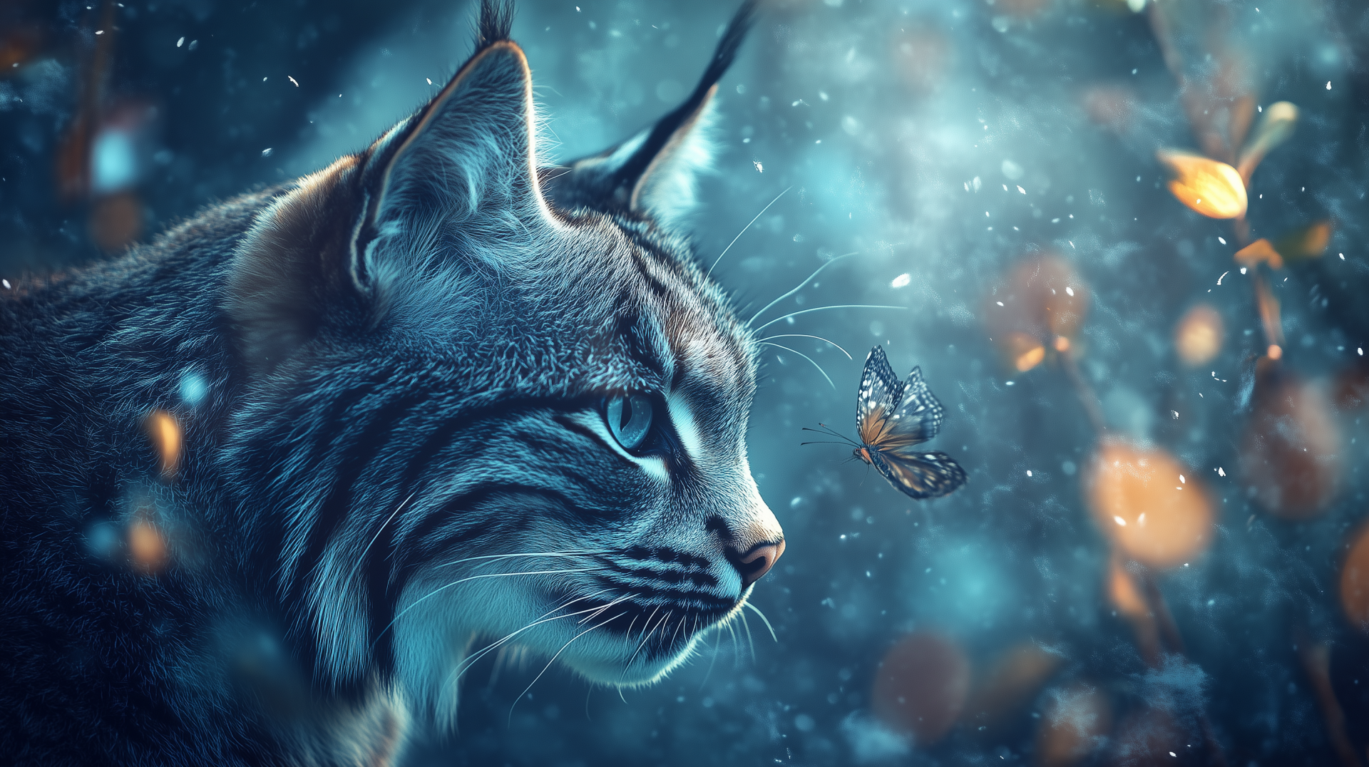 HD desktop wallpaper featuring a close-up portrait of a lynx with a butterfly near its face, set against a glowing, dreamy background.