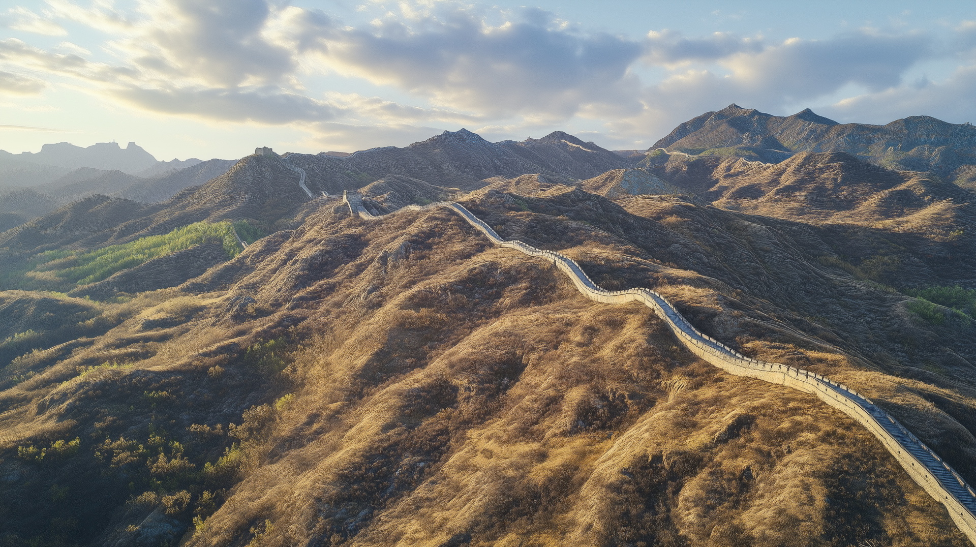 A stunning HD desktop wallpaper showcasing the Great Wall of China winding through rugged mountainous landscape under a partly cloudy sky.