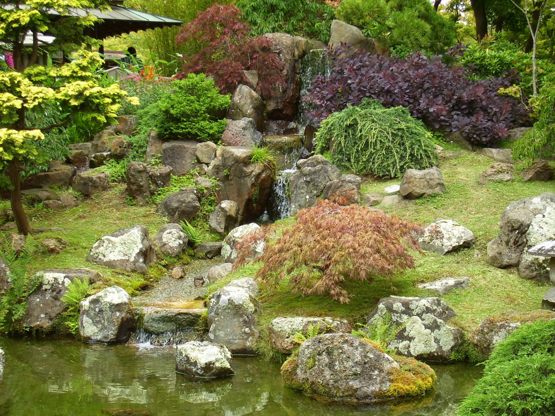 HD PC desktop wallpaper featuring a serene park landscape with lush greenery, rocks, and a small water stream flowing gently through the scene.