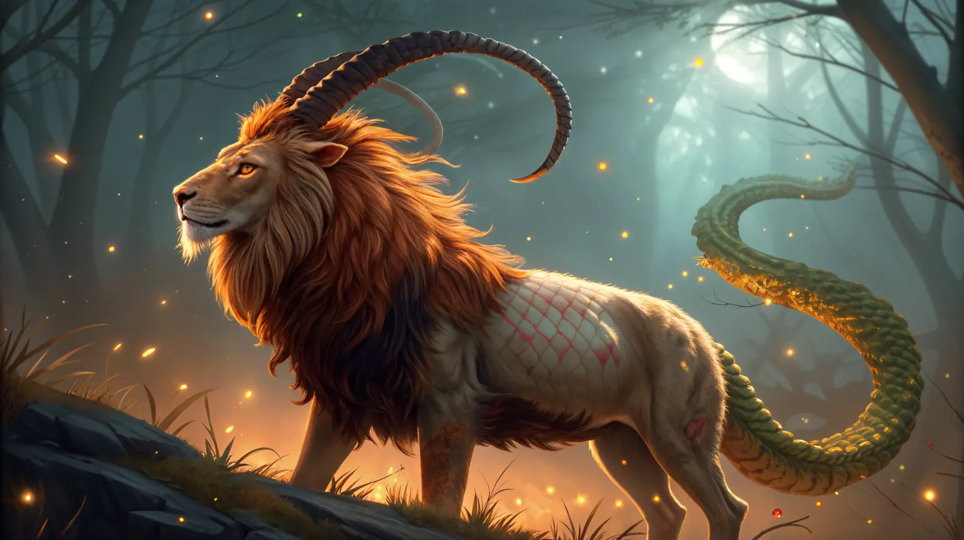 4K Ultra HD PC desktop wallpaper of a majestic chimera with a lion's body, goat horns, and a serpent tail, set against an enchanted forest backdrop.