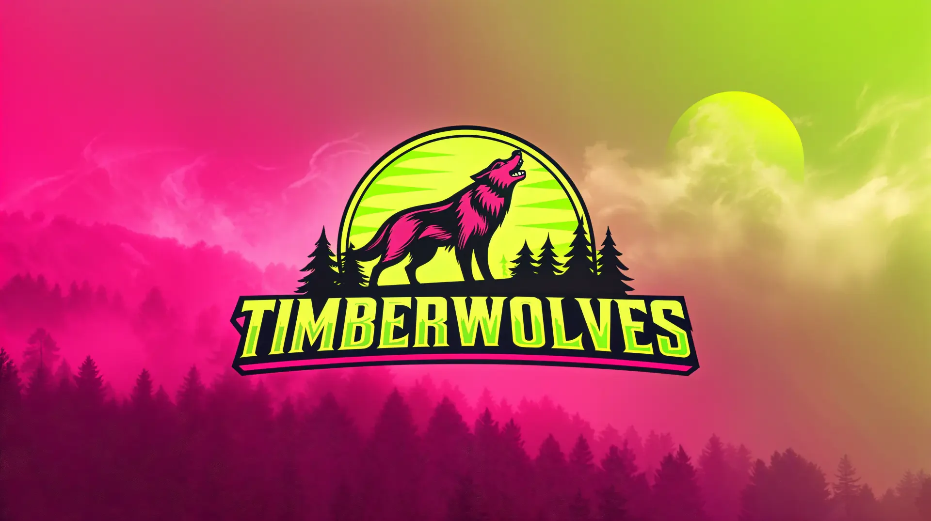 Minnesota Timberwolves logo with a howling wolf silhouette against a vibrant pink and green gradient sky, designed as a 4K Ultra HD PC desktop wallpaper.