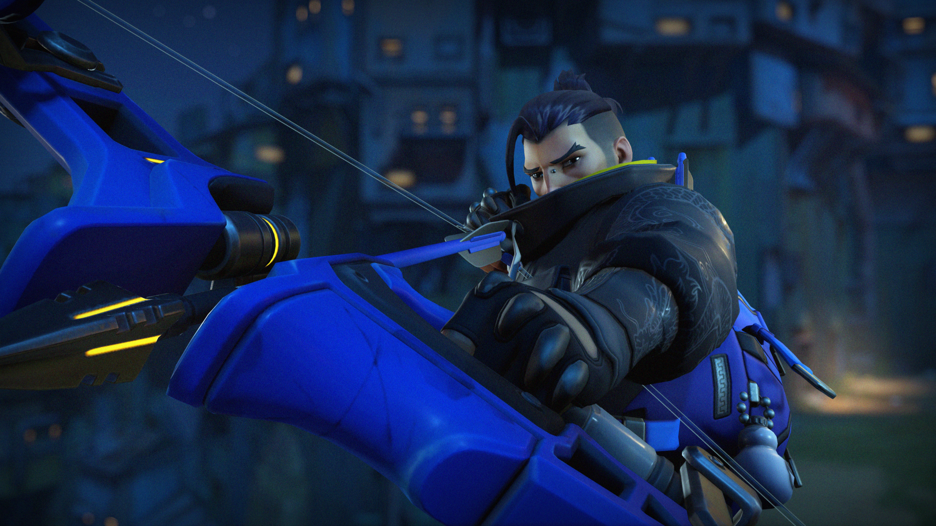 4K Ultra HD PC wallpaper featuring Hanzo from the video game Overwatch aiming his bow in a dark, urban environment.