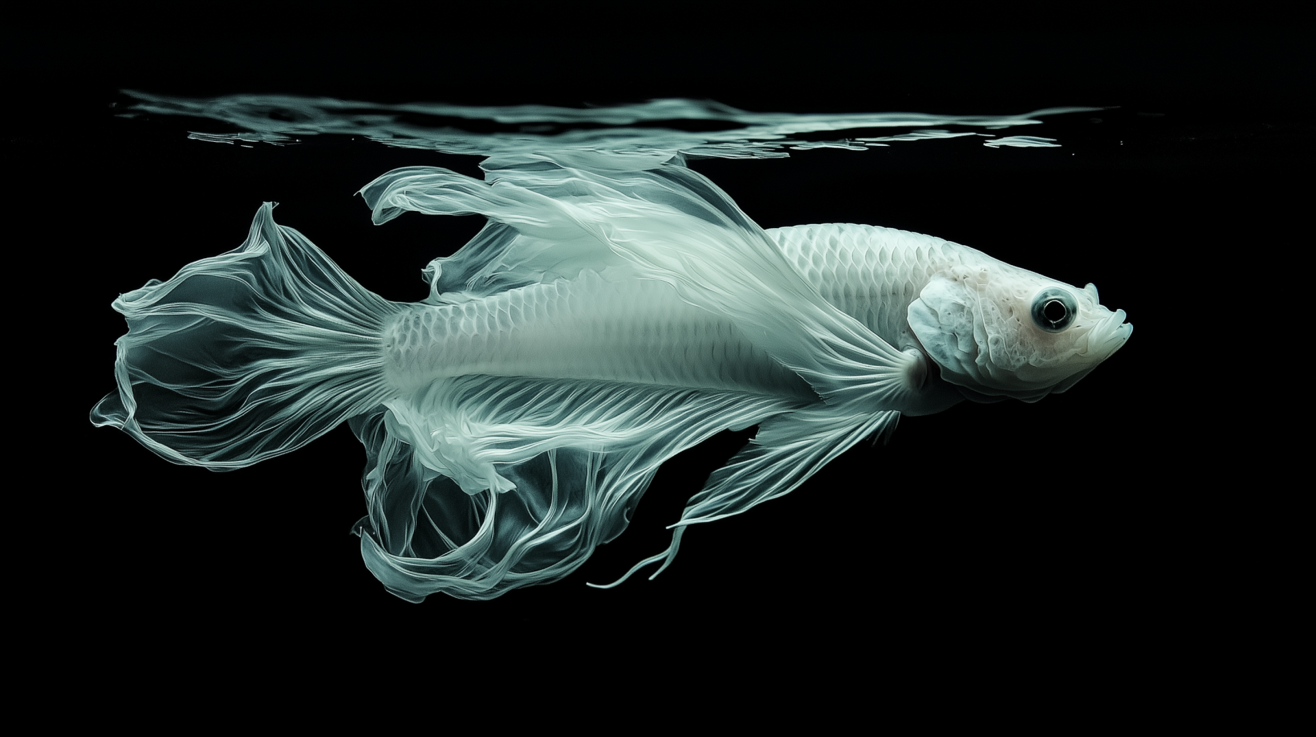 HD desktop wallpaper of a translucent Siamese fighting fish swimming against a black background, highlighting its delicate fins and intricate anatomy.