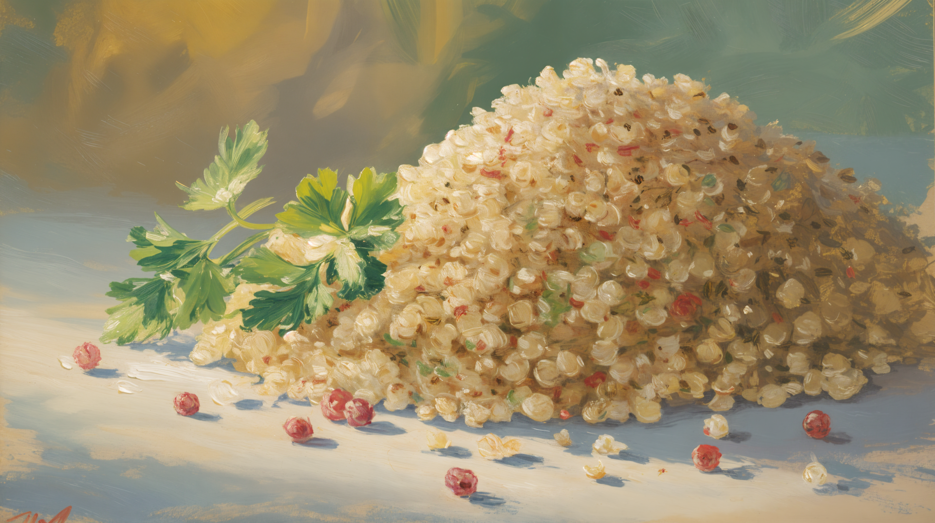 A detailed 4K Ultra HD desktop wallpaper of a heap of cooked quinoa garnished with fresh parsley, rendered with soft, natural lighting and muted background tones.