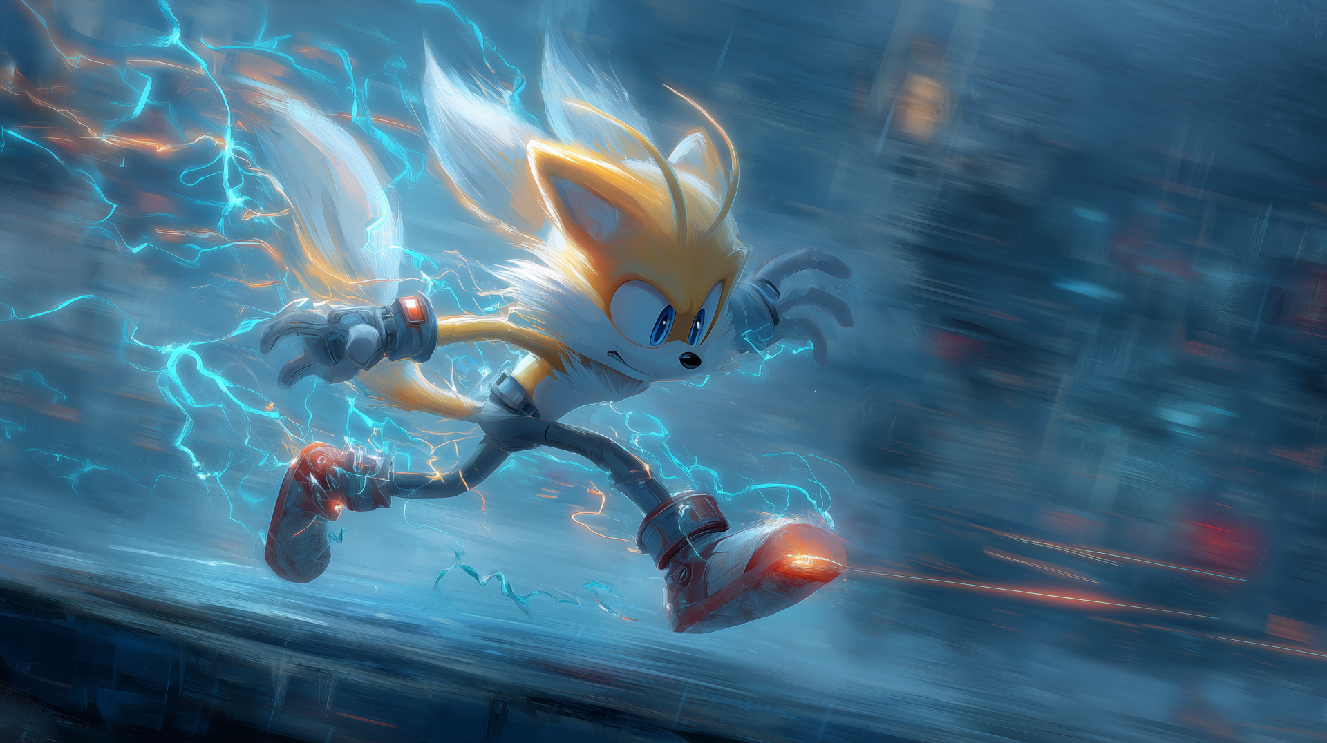 HD PC desktop wallpaper featuring electrifying Miles 'Tails' Prower from a video game, dynamically running with glowing tails and electric sparks surrounding him.
