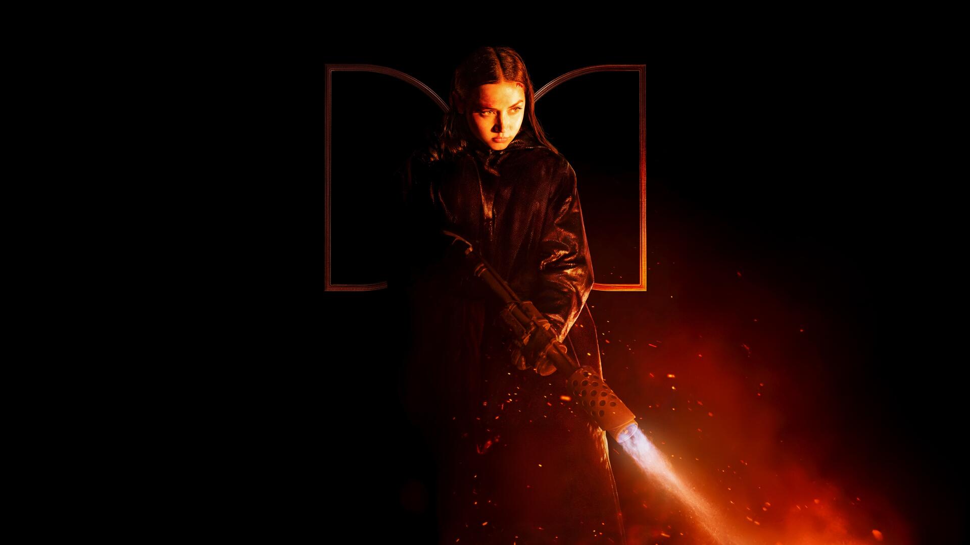 4K Ultra HD desktop wallpaper featuring Ana de Armas in a dark, intense scene from the movie Ballerina (2025) with fiery orange lighting effects.