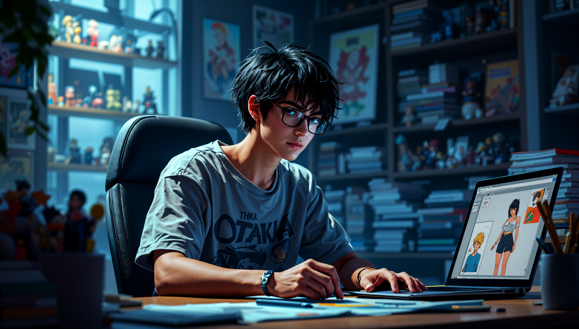 A focused otaku working on digital art at a PC desk, surrounded by anime collectibles and manga, captured in 4K Ultra HD for a vibrant desktop wallpaper.