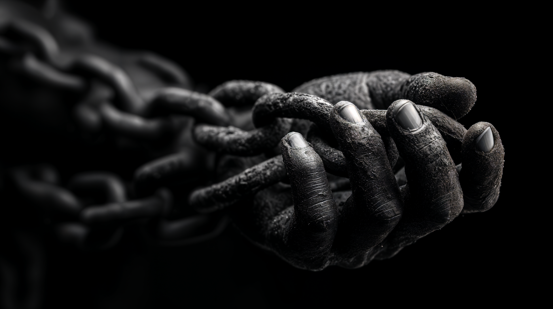 A close-up 4K Ultra HD image of a hand gripping a heavy chain against a dark background, creating a dramatic and textured desktop wallpaper.