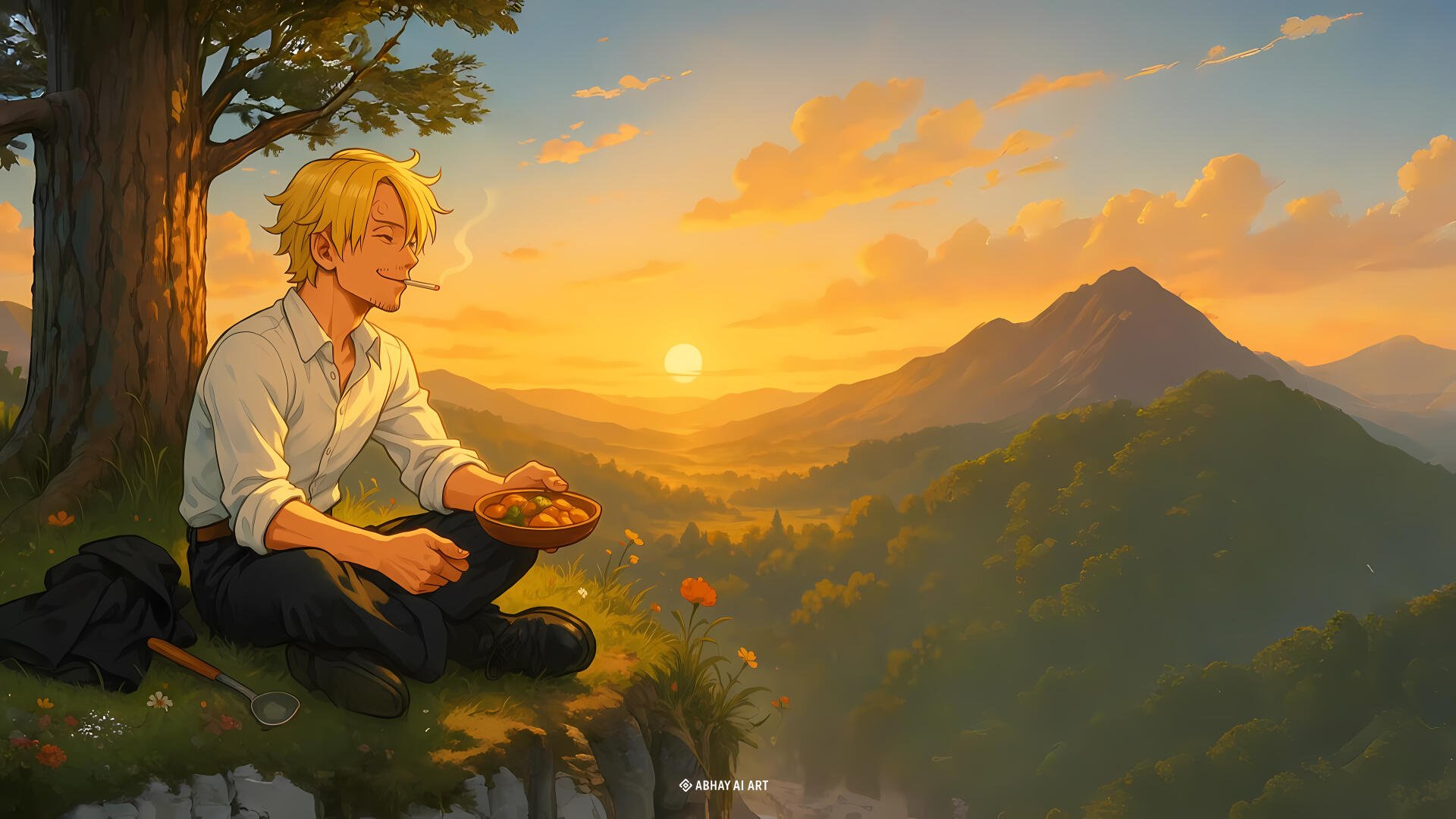 Anime-style 8K Ultra HD wallpaper featuring Sanji from One Piece sitting by a tree, enjoying a meal with a scenic sunset over mountains in the background.