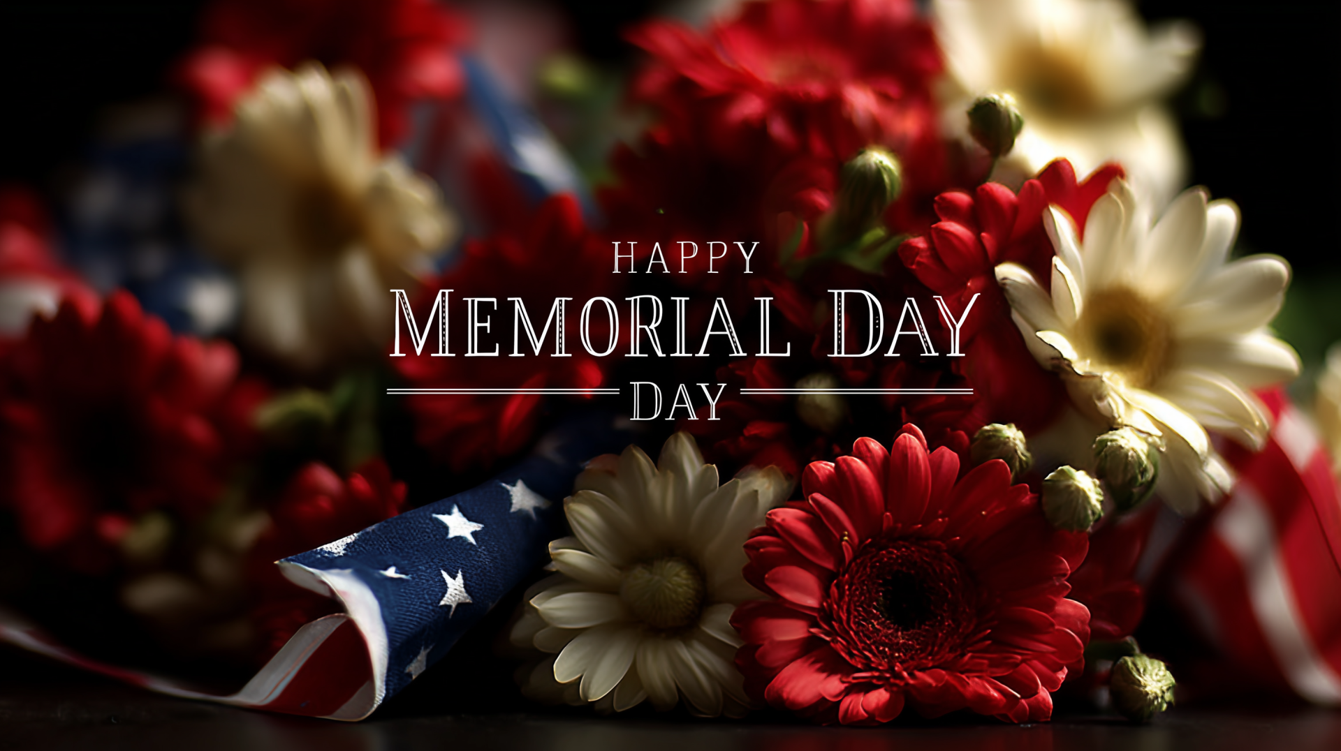 HD desktop wallpaper featuring red and white flowers with a folded American flag, commemorating the USA Memorial Day holiday.