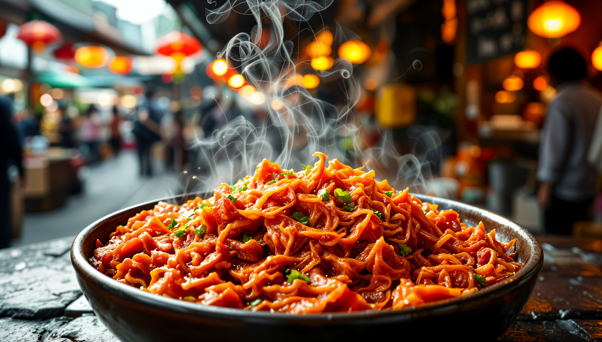Steaming hot kimchi served in a bowl with vibrant street market lights blurred in the background, captured in 4K Ultra HD detail for a PC desktop wallpaper.