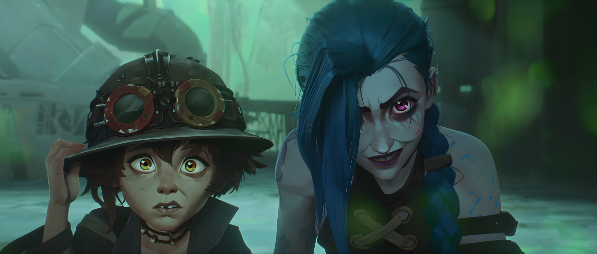 4K Ultra HD desktop wallpaper featuring Jinx and Isha from the TV show Arcane Season 2, set in the League of Legends universe.