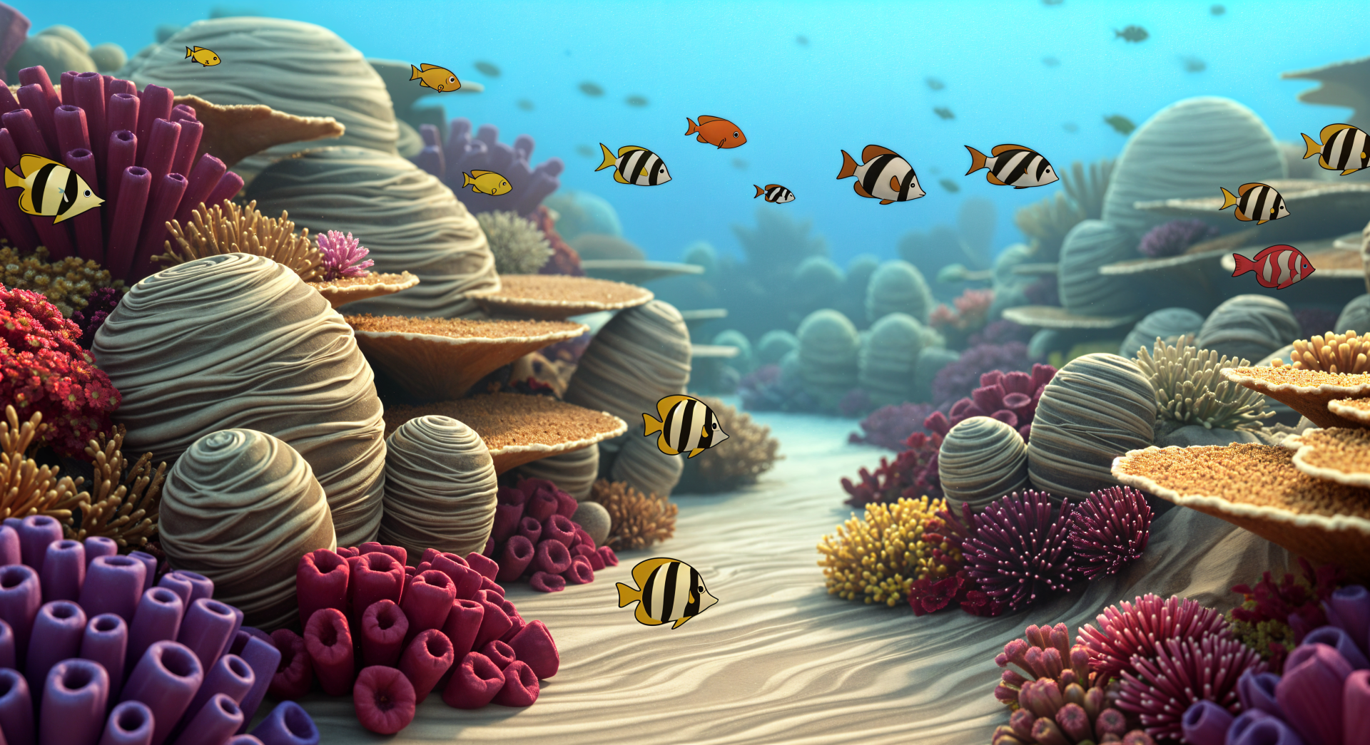 Vibrant reef scene with colorful coral formations and tropical fish in crystal-clear water, rendered in stunning 4K Ultra HD for a PC desktop wallpaper.