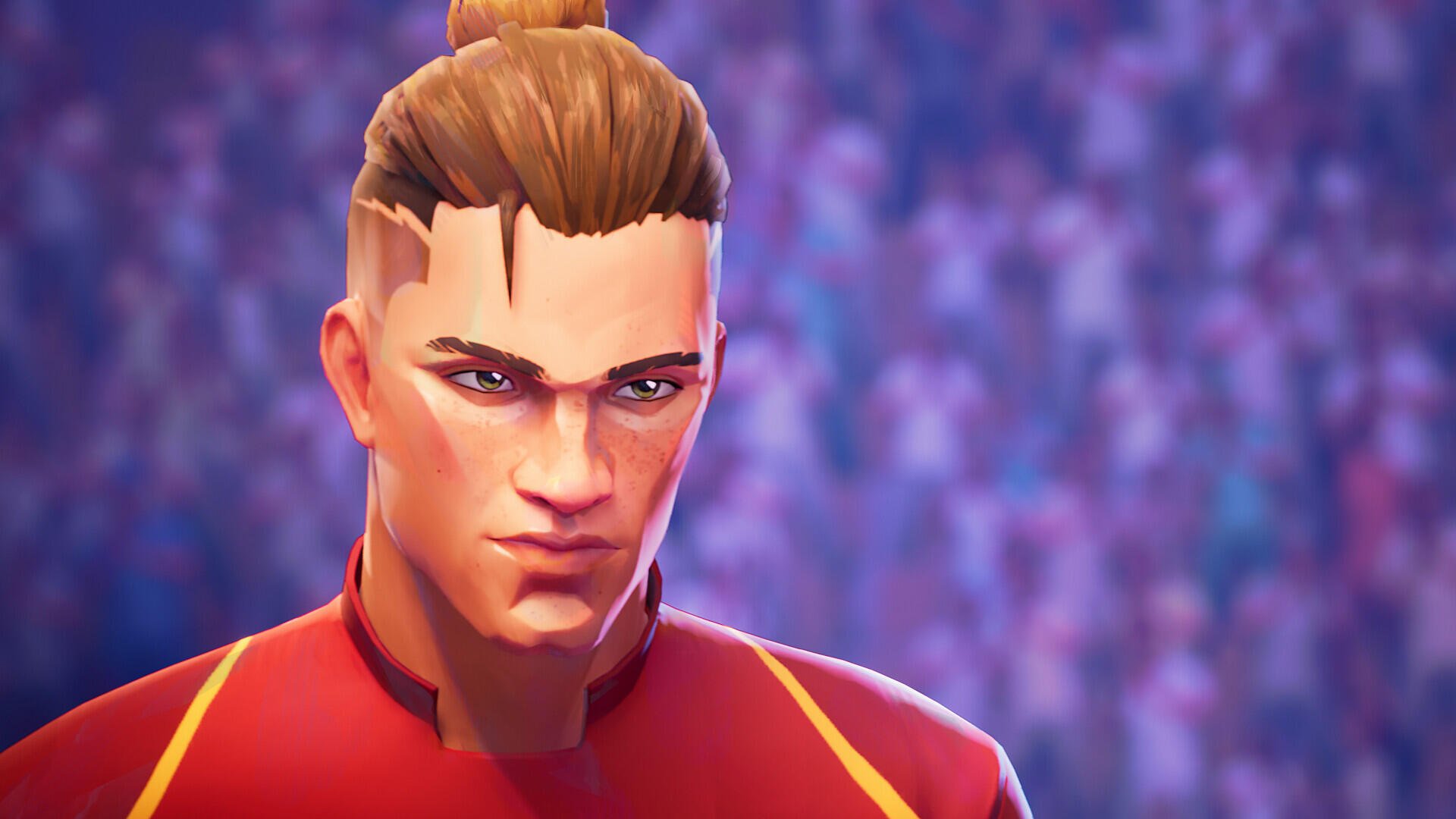HD PC desktop wallpaper featuring a focused video game character from REMATCH set against a blurred crowd background.