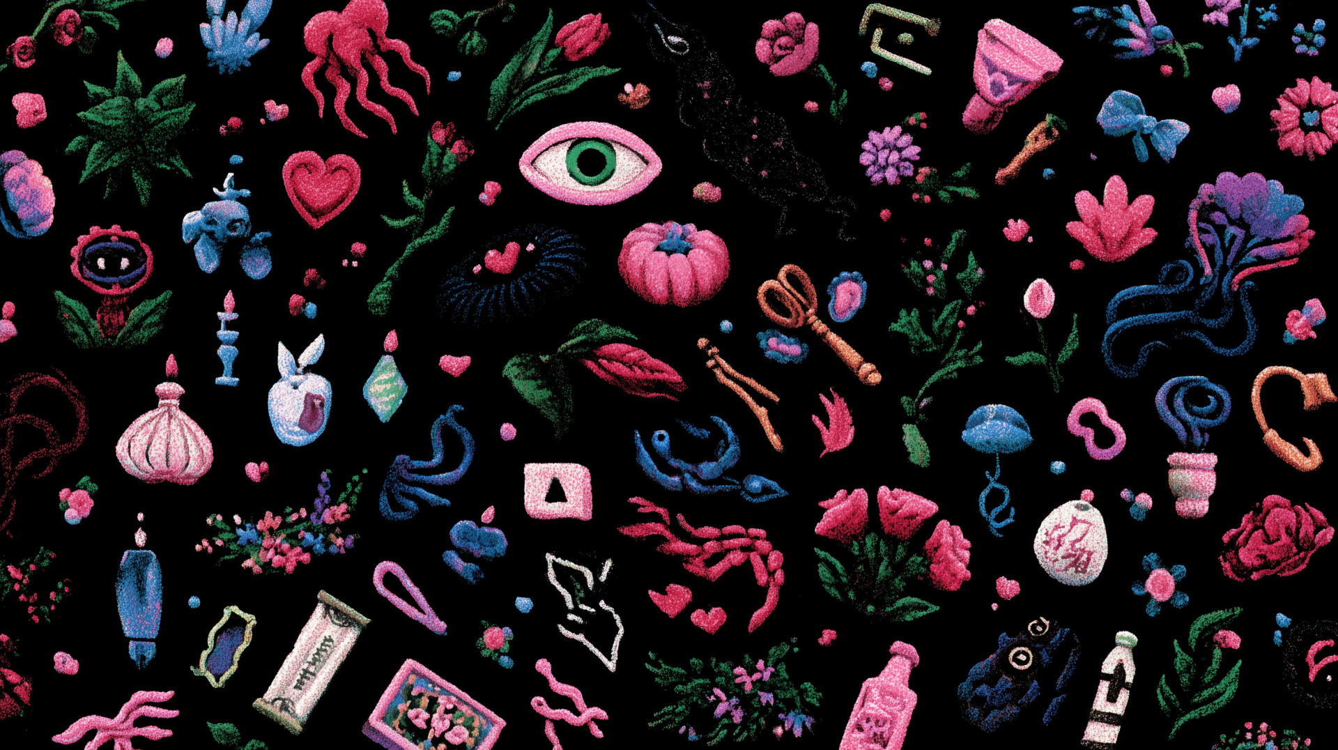 A whimsical dark aesthetic Y2K pattern design featuring surreal elements like eyes, hearts, flowers, and quirky objects on a black HD desktop wallpaper background.