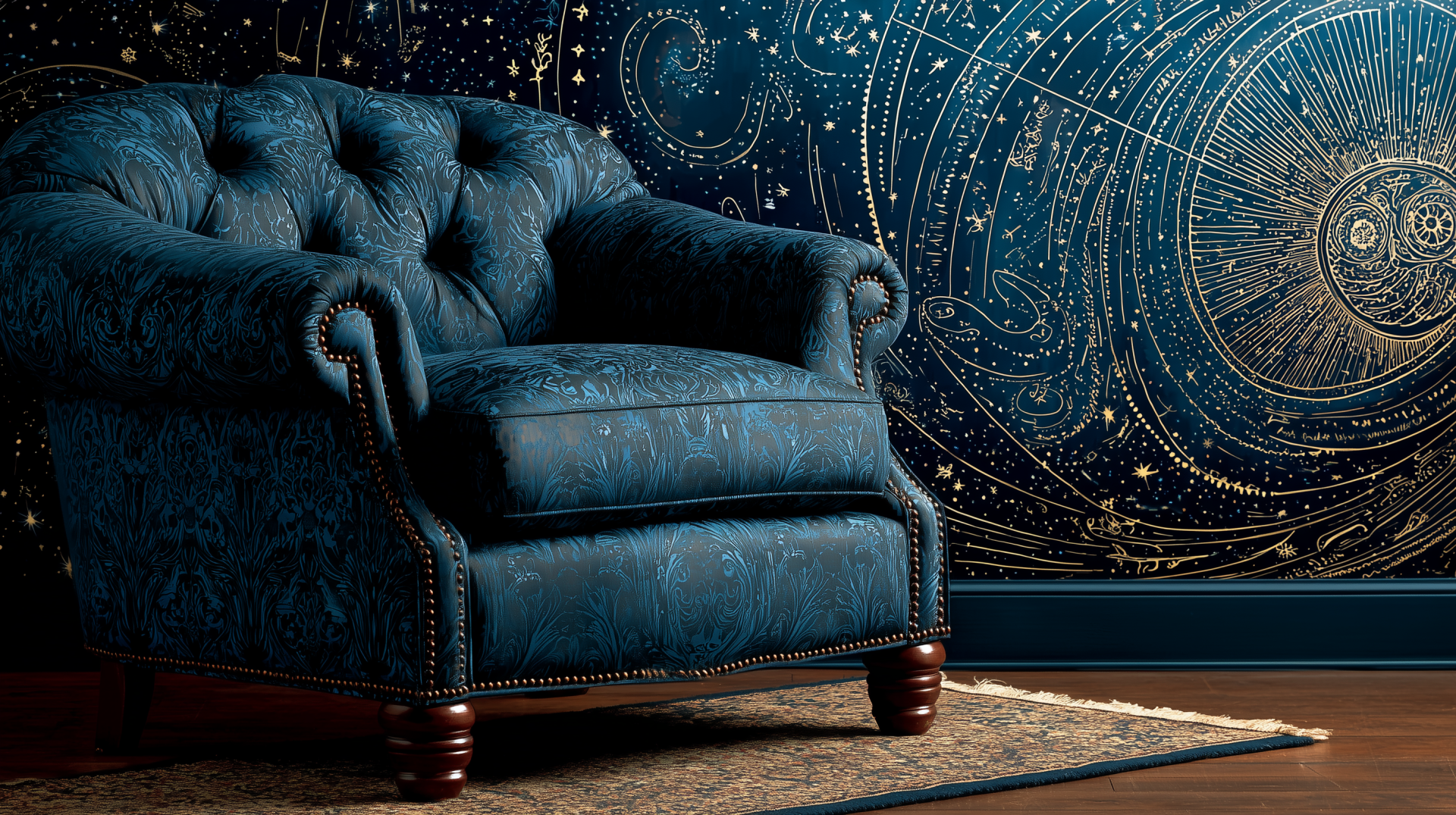 Whimsical blue sofa set against a dark, starry celestial wall, showcasing unique indoor decor in an HD PC desktop wallpaper and background.