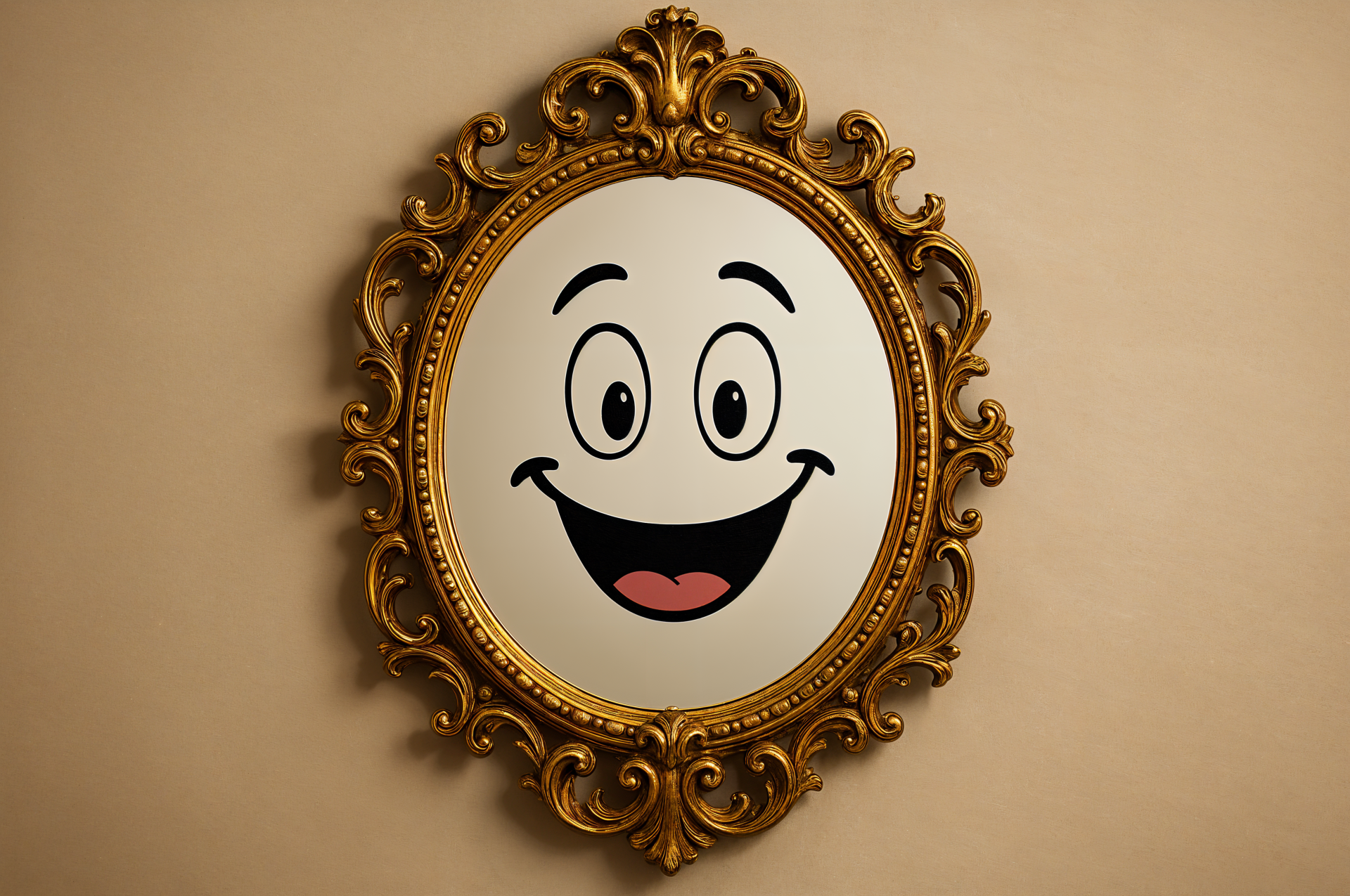 4K Ultra HD desktop wallpaper featuring an ornate gold-framed mirror reflecting a cheerful, cartoonish smiling face on a beige wall background.
