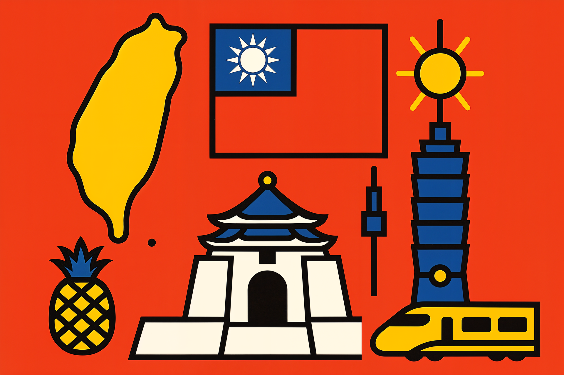 4K Ultra HD desktop wallpaper featuring iconic Taiwan symbols: a map, flag, pineapple, traditional temple, Taipei 101, a sun, and a modern train on a vibrant orange background.