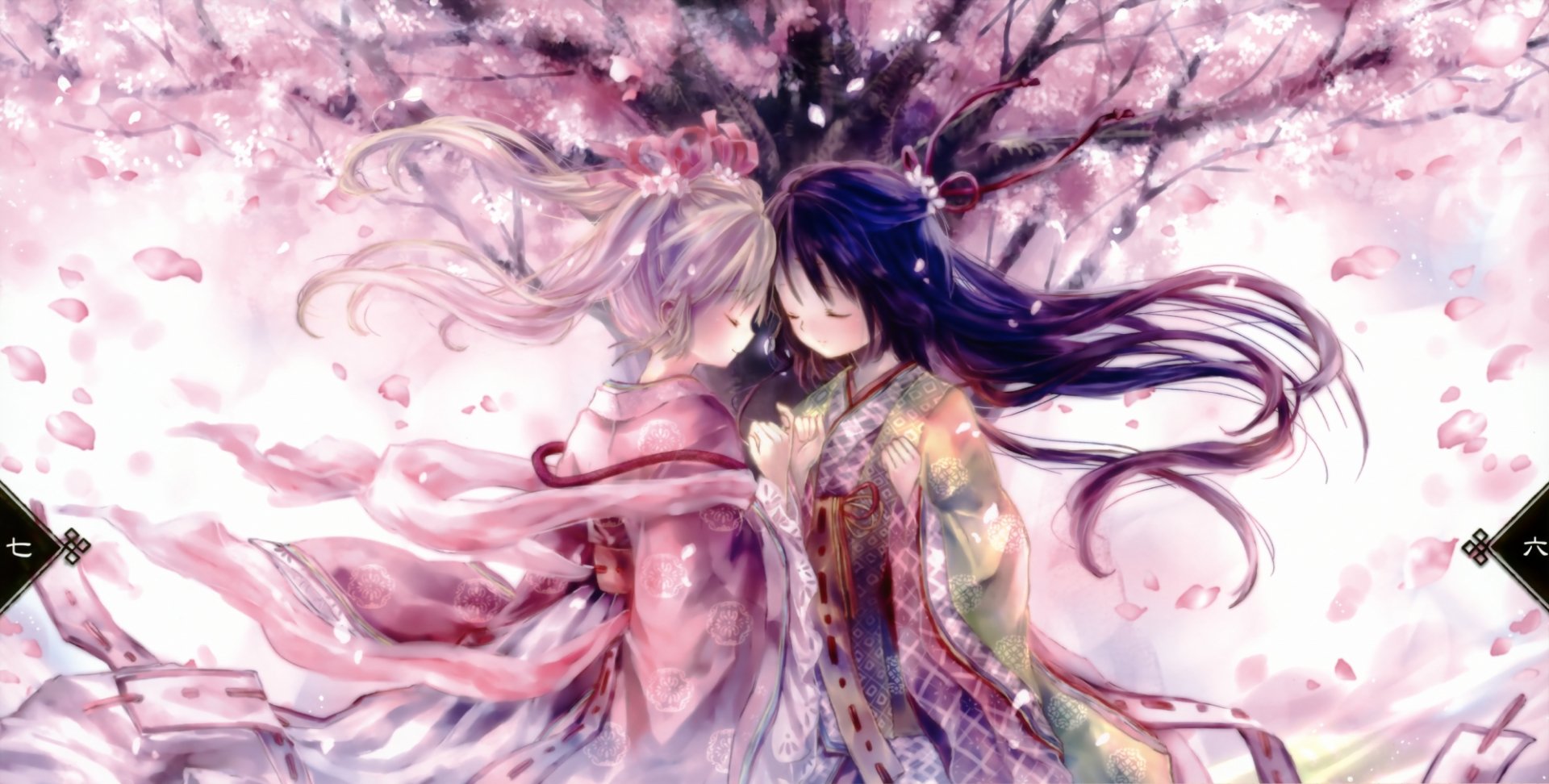 HD anime original desktop wallpaper featuring two girls in traditional attire embracing under blooming cherry blossom trees.