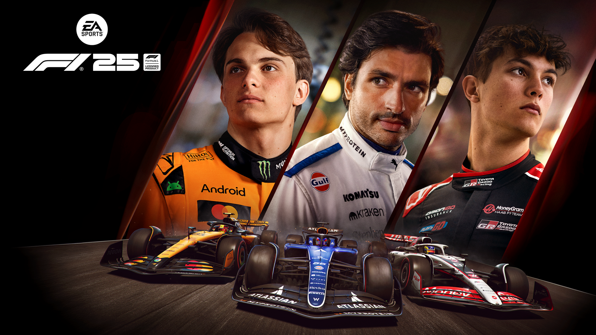 HD PC desktop wallpaper featuring video game F1 25 with drivers Carlos Sainz, Oliver Bearman, and Oscar Piastri alongside their Formula 1 cars.