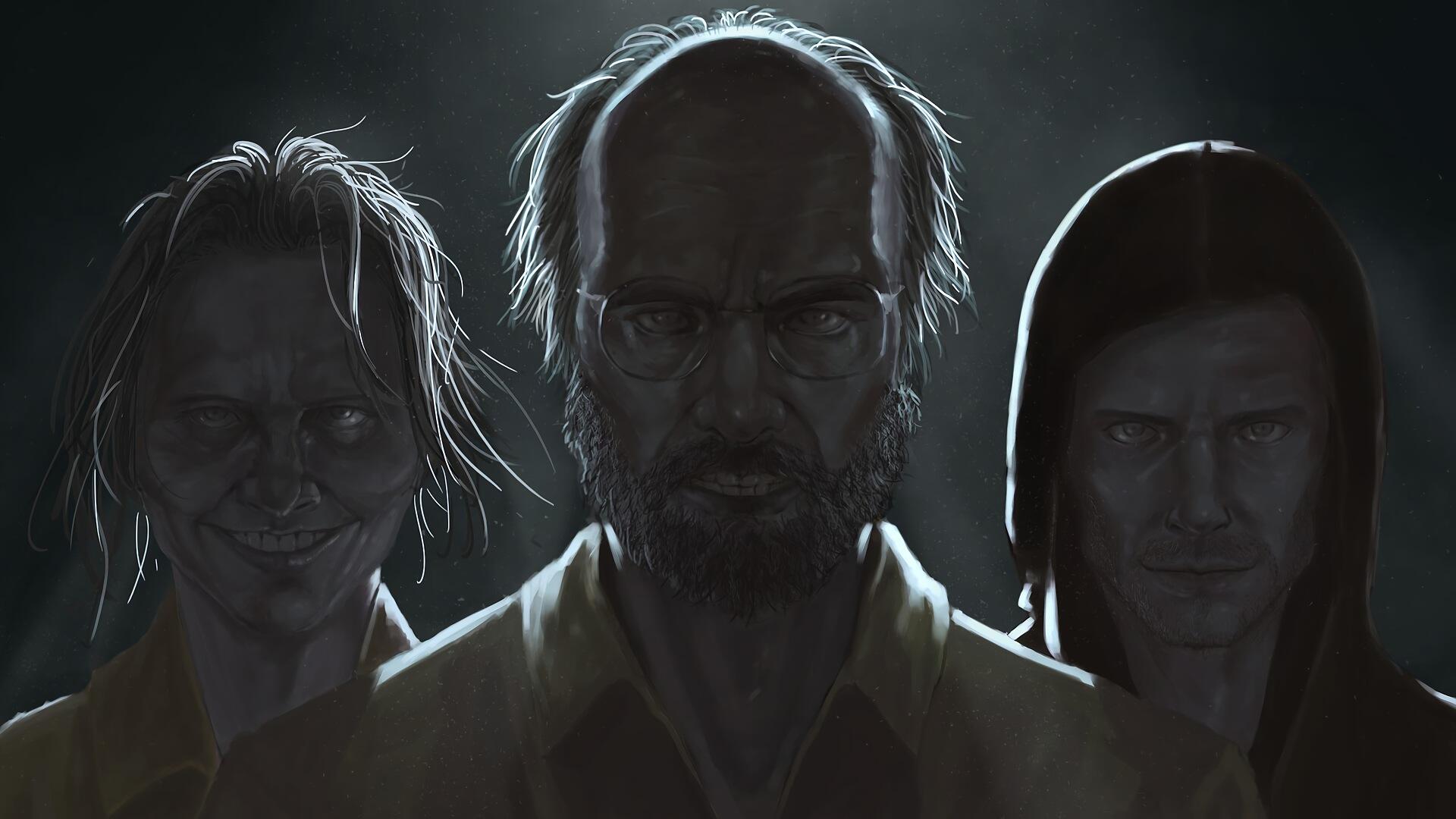 HD PC desktop wallpaper featuring dark, eerie portraits of characters from the video game Resident Evil 7: Biohazard.