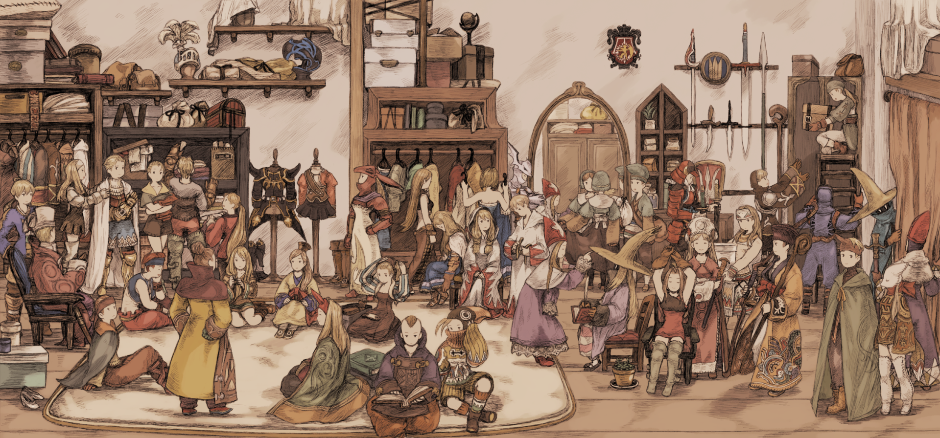 HD PC desktop wallpaper showcasing a detailed medieval scene from the video game Final Fantasy Tactics with characters and weapons in a bustling room.