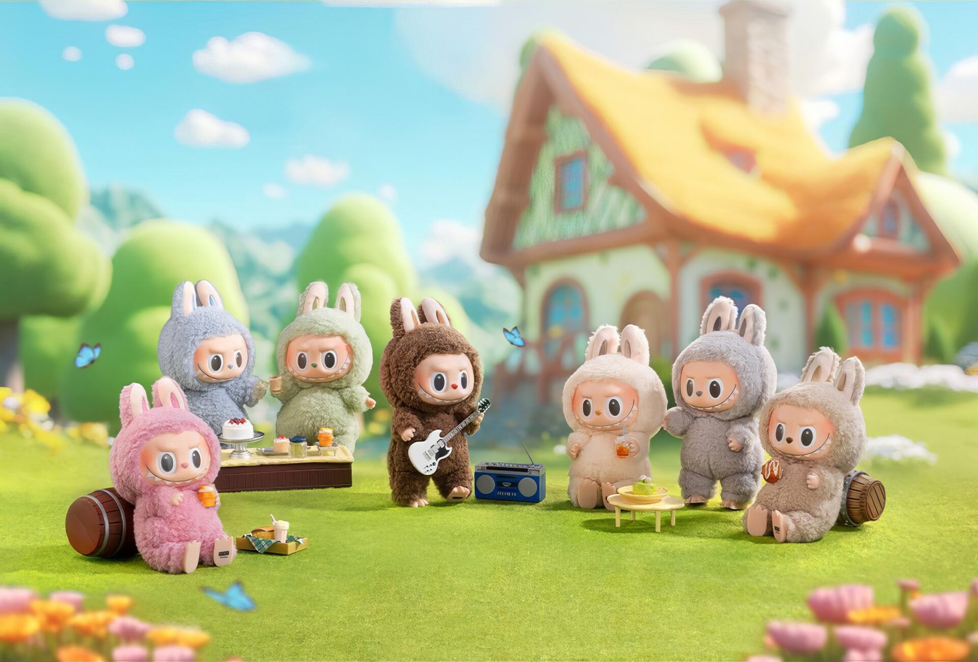 A charming HD PC desktop wallpaper featuring adorable Labubu characters dressed in bunny costumes gathered outdoors near a cozy house under a bright, sunny sky.